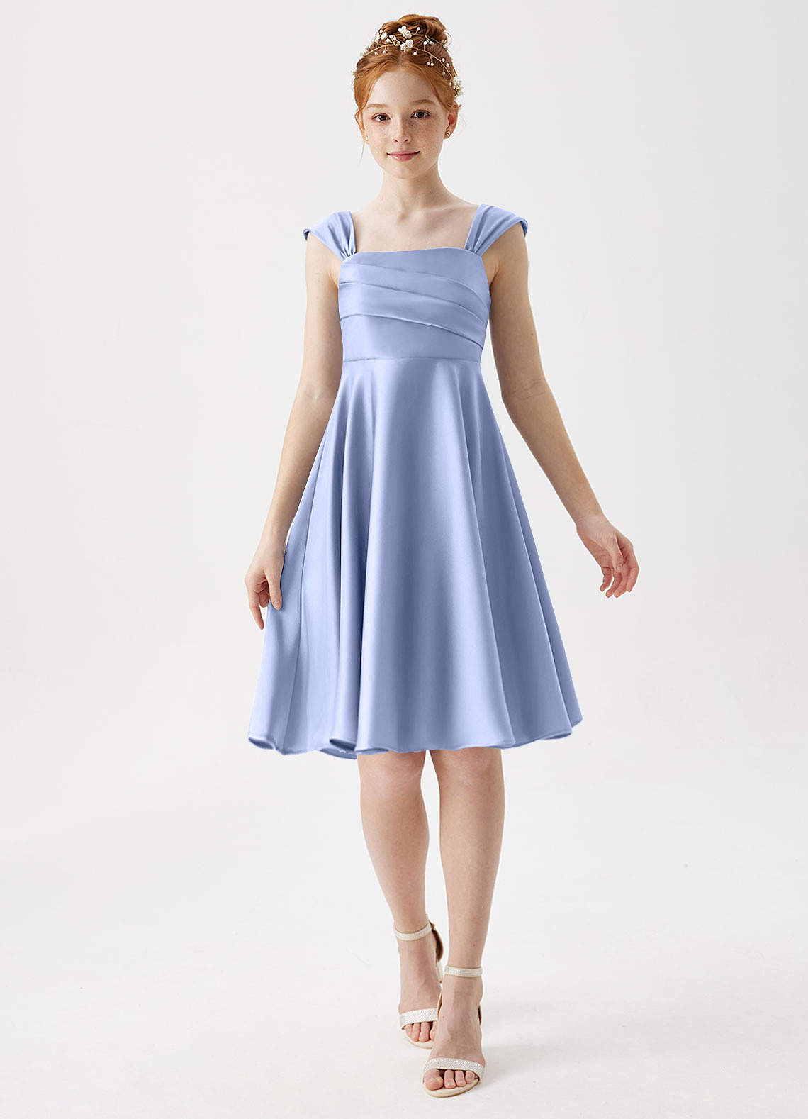 Azazie Amira Junior Ice A-Line Pleated Stretch Satin Dress image1