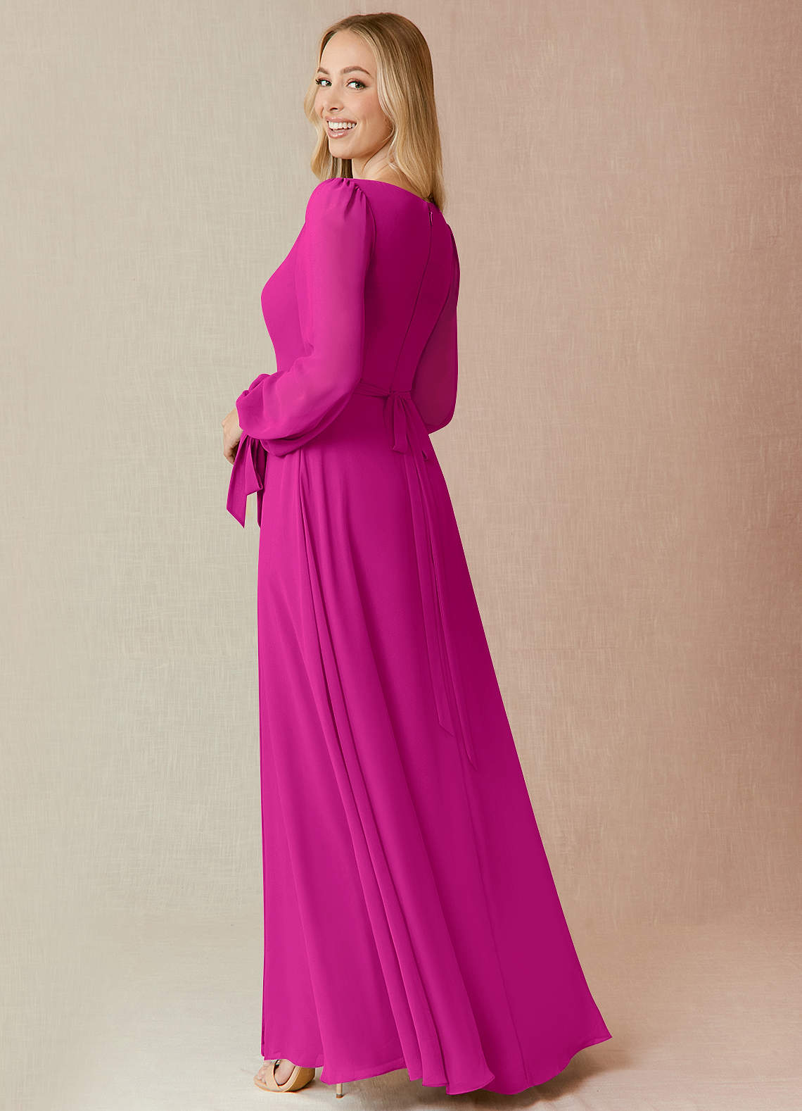 Azazie Plus Size A-Line Square Neck Long Sleeve Floor-Length Chiffon Bridesmaid Dresses - Fuchsia