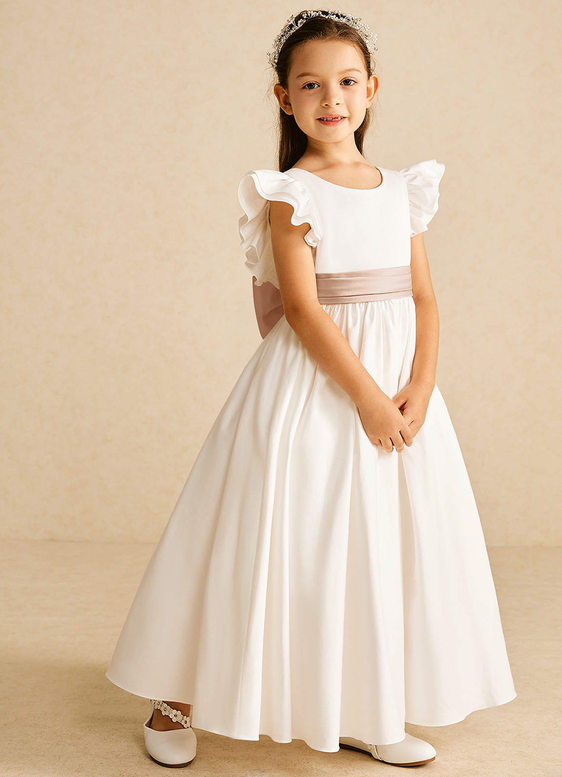 Azazie Aero Flower Girl Dresses Ivory English Rose A-Line Pleated Cotton Dress image4