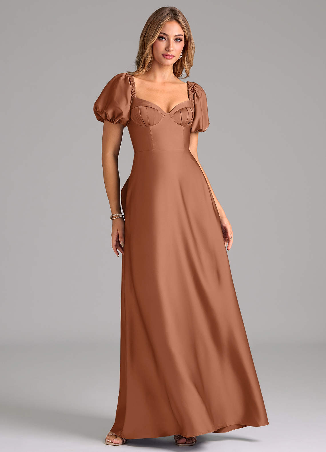 Azazie Fatima Bridesmaid Dresses Bronzer A-Line Pleated Stretch Satin Dress image1