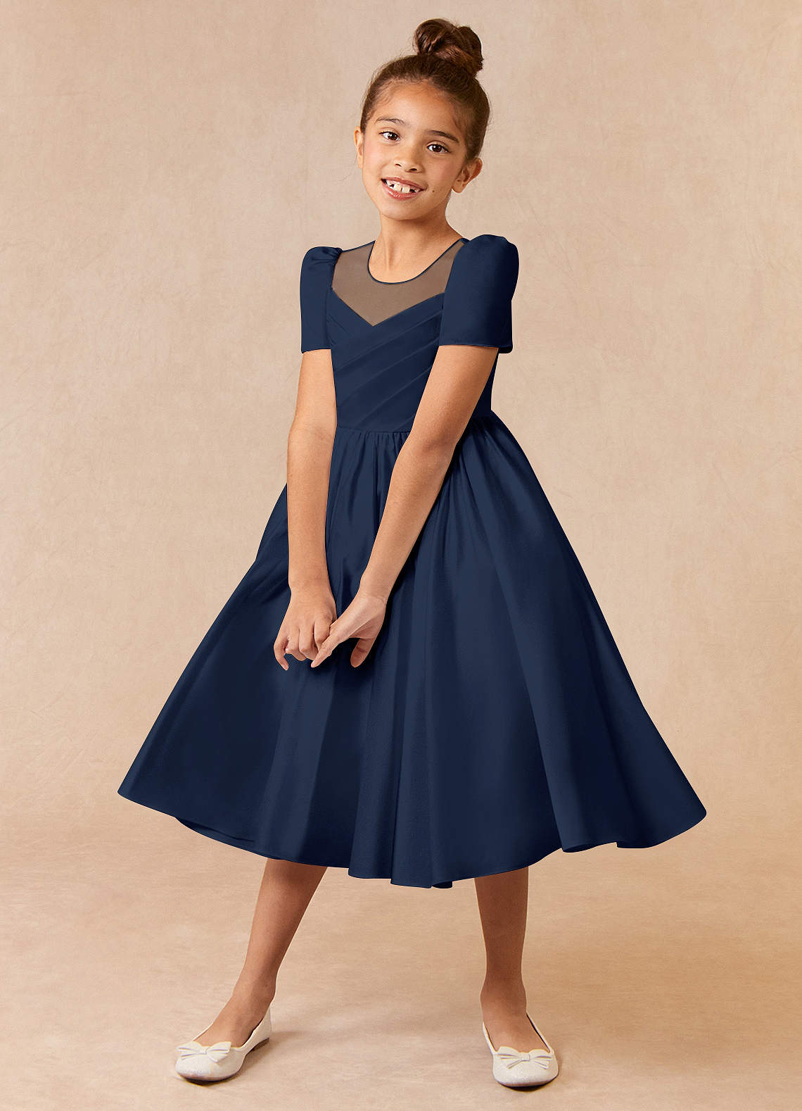 Azazie Anirra Flower Girl Dresses Dark Navy Ball-Gown Pleated Matte Satin Dress image1