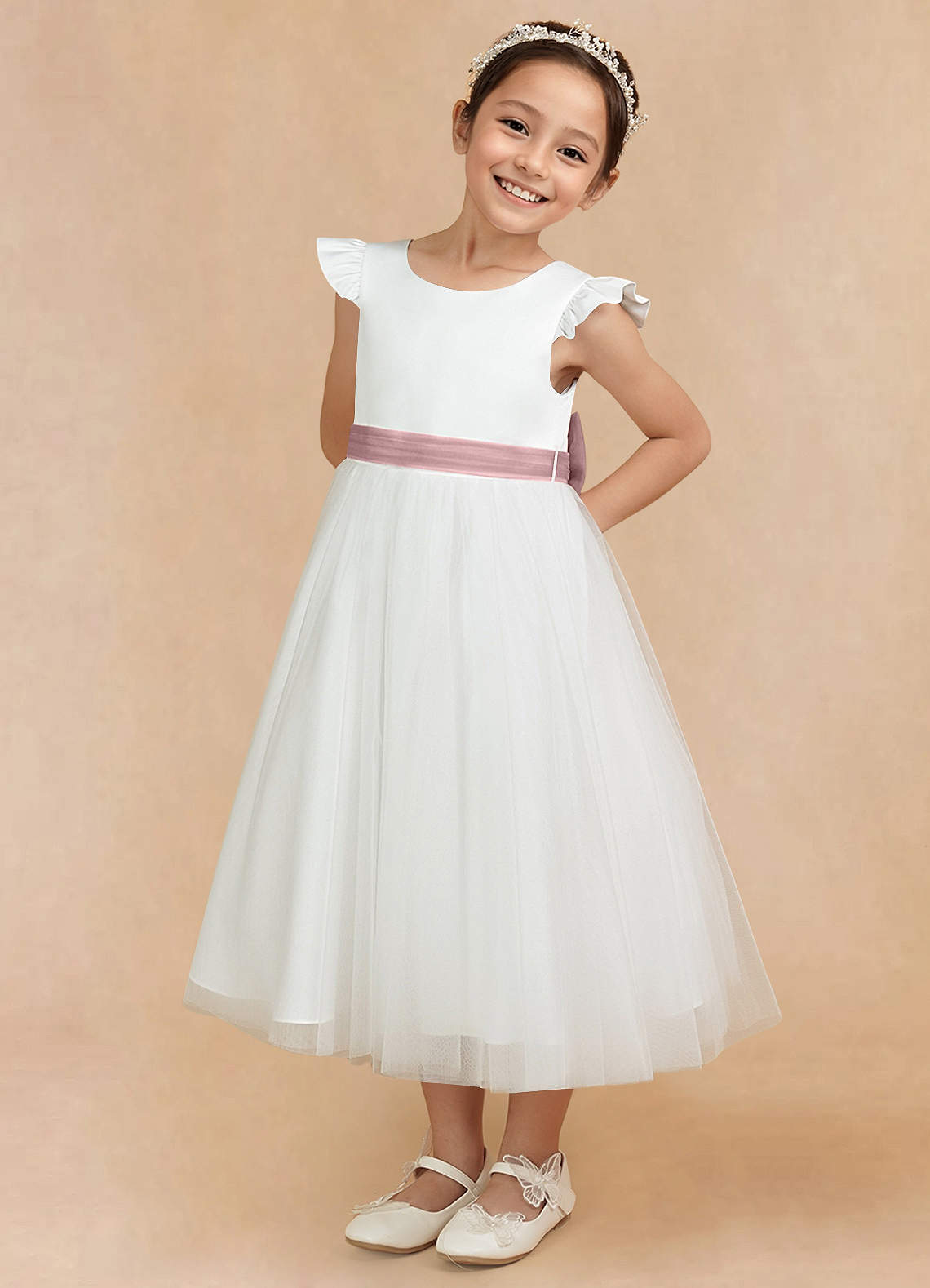 Azazie Hemi Flower Girl Dresses Ivory Dusty Rose A-Line Bow Tulle Dress image1