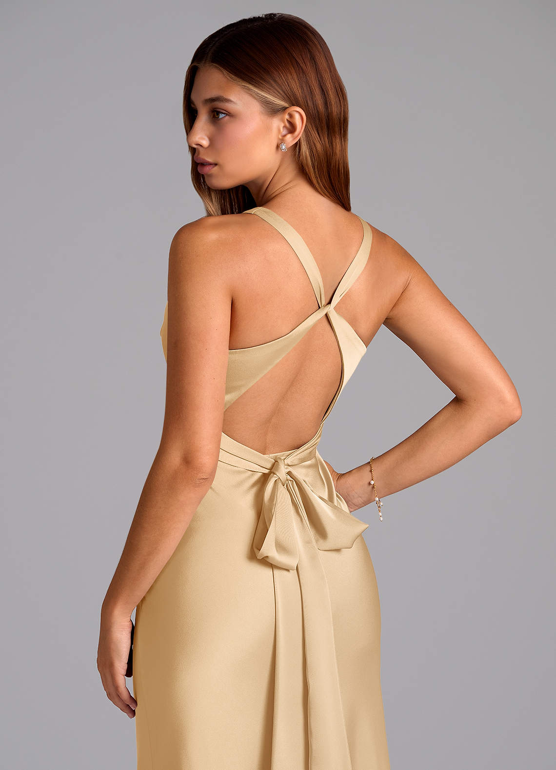 Azazie Mermaid V-Neck Floor-Length Stretch Satin Bridesmaid Dresses - Gold