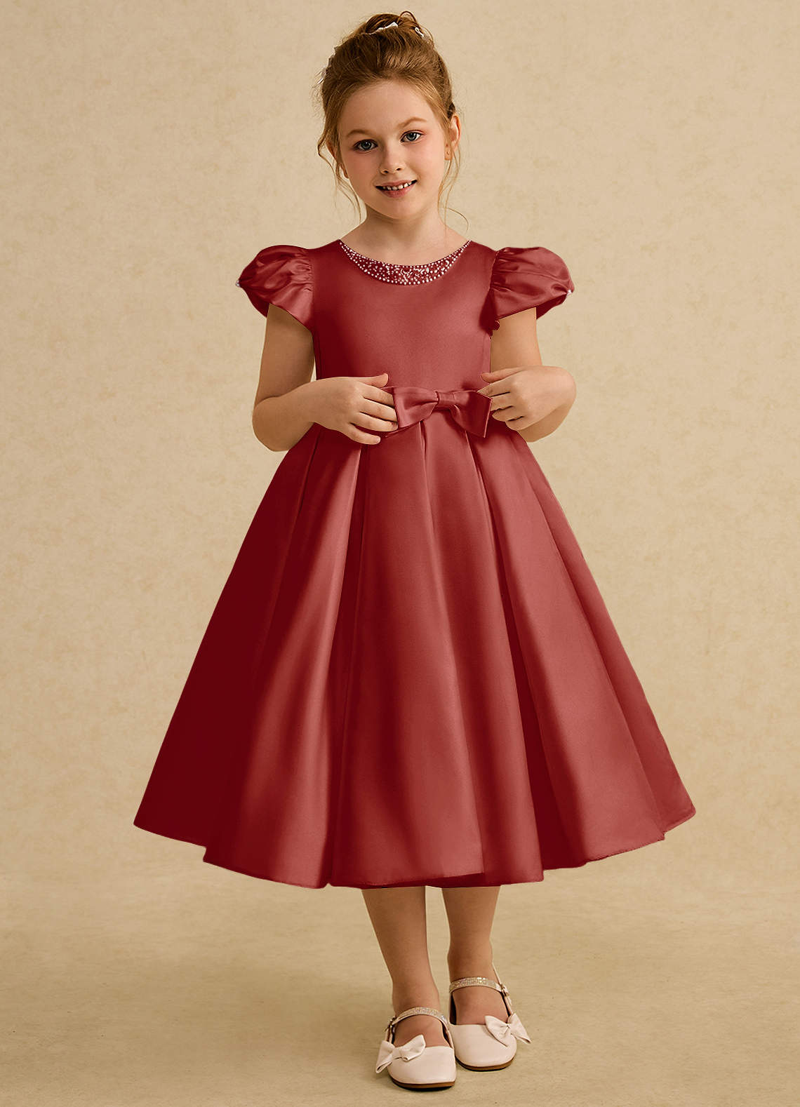 Azazie Pearl Flower Girl Dresses Terracotta Ball-Gown Pleated Matte Satin Dress image1