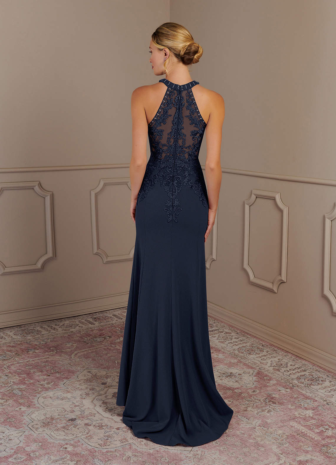 Azazie Tyra Mother of the Bride Dresses Dark Navy Mermaid Halter Lace Stretch Crepe Dress image3