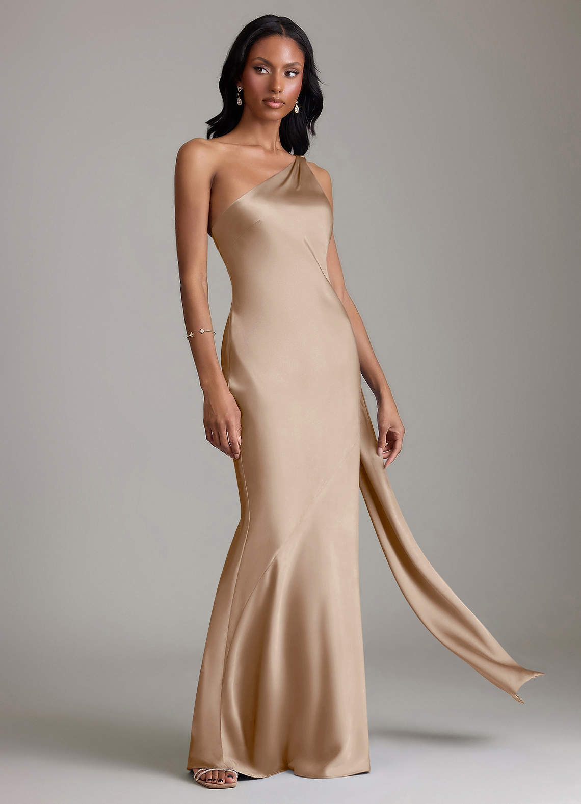 Azazie Juniper Taupe Stretch Satin Bridesmaid Dresses | Azazie CA