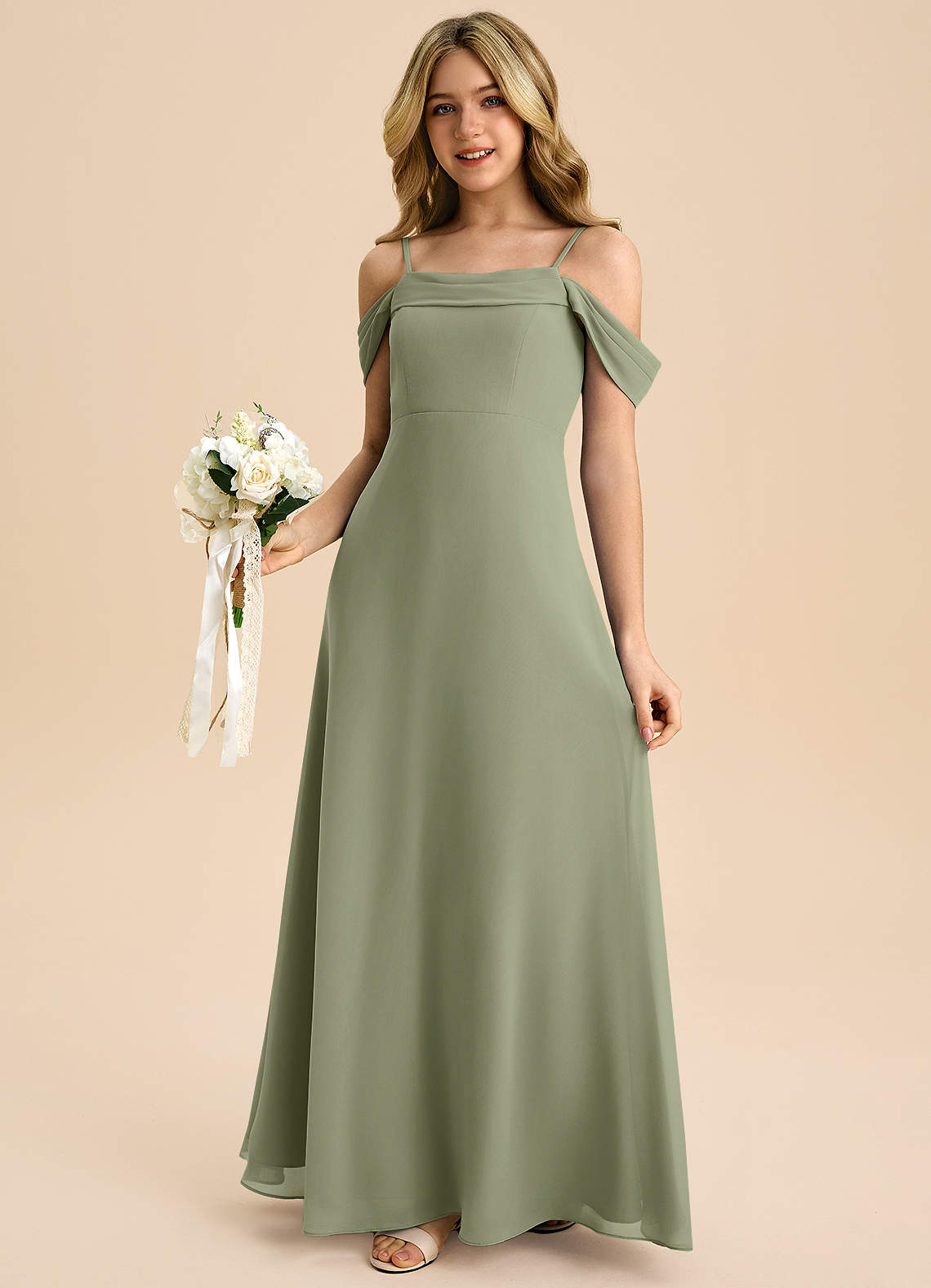 Azazie Anselie Junior Pistachio A-Line Off the Shoulder Chiffon Dress image3