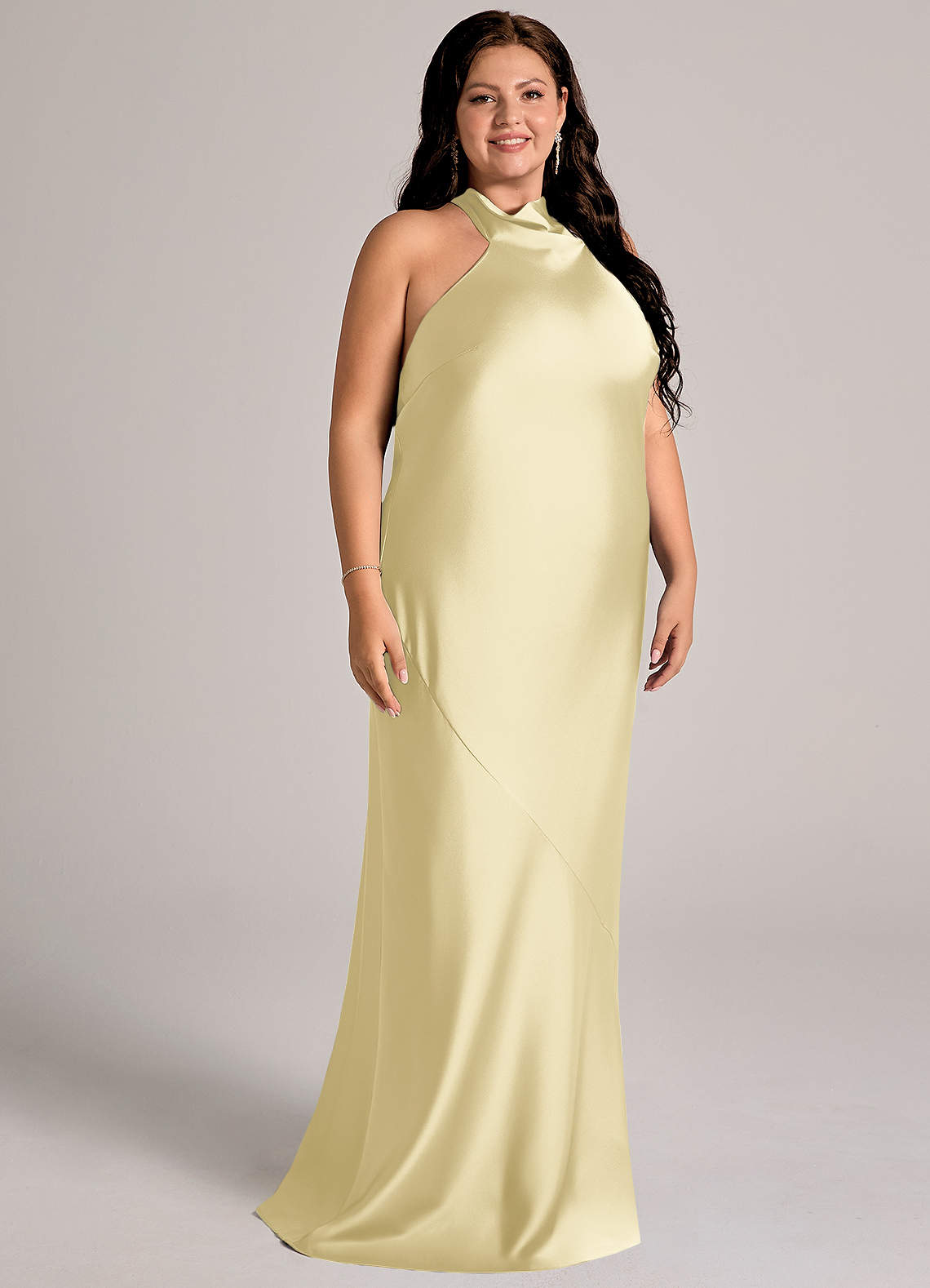 Azazie Velli Bridesmaid Dresses Lemon Sorbet Mermaid High Neck Stretch Satin Dress image9