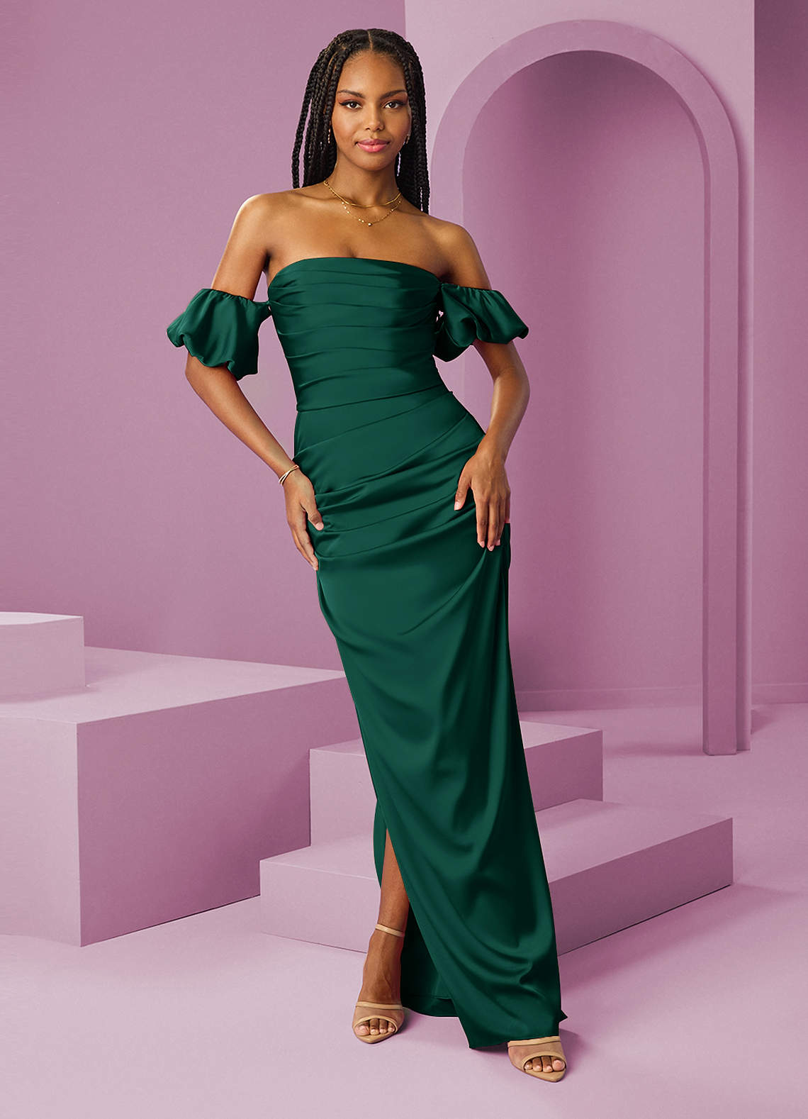 Barbie ♥ Azazie Bridesmaid Dresses Emerald Sheath Off the Shoulder Stretch Satin Convertible Dress image1