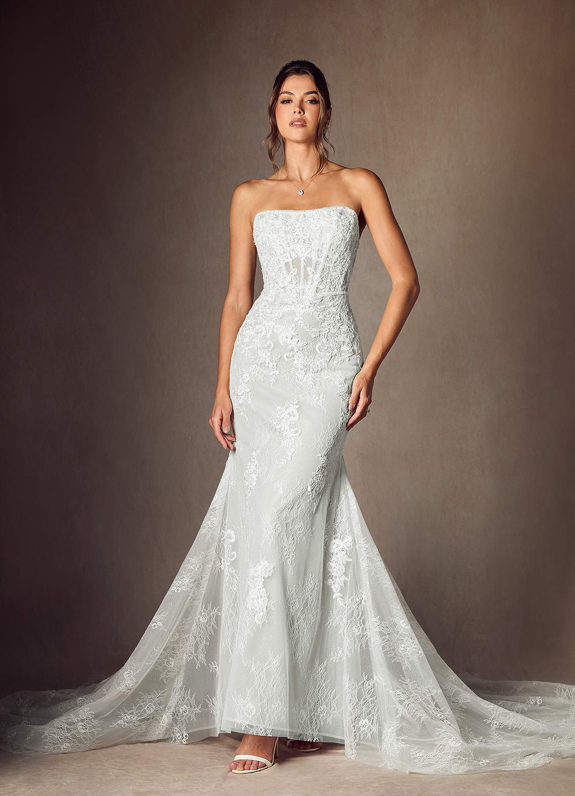 Azazie Caitlin Wedding Dresses Diamond White Mermaid Strapless Lace Dress image11
