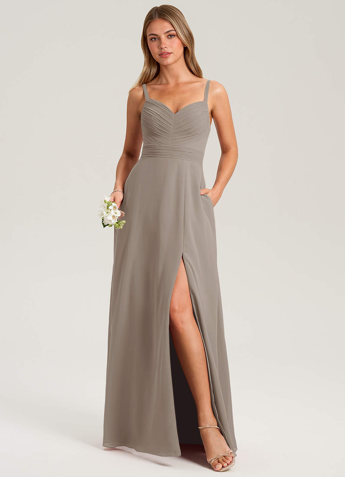 Azazie Terese Bridesmaid Dresses Taupe A-Line Pleated Chiffon Dress image1