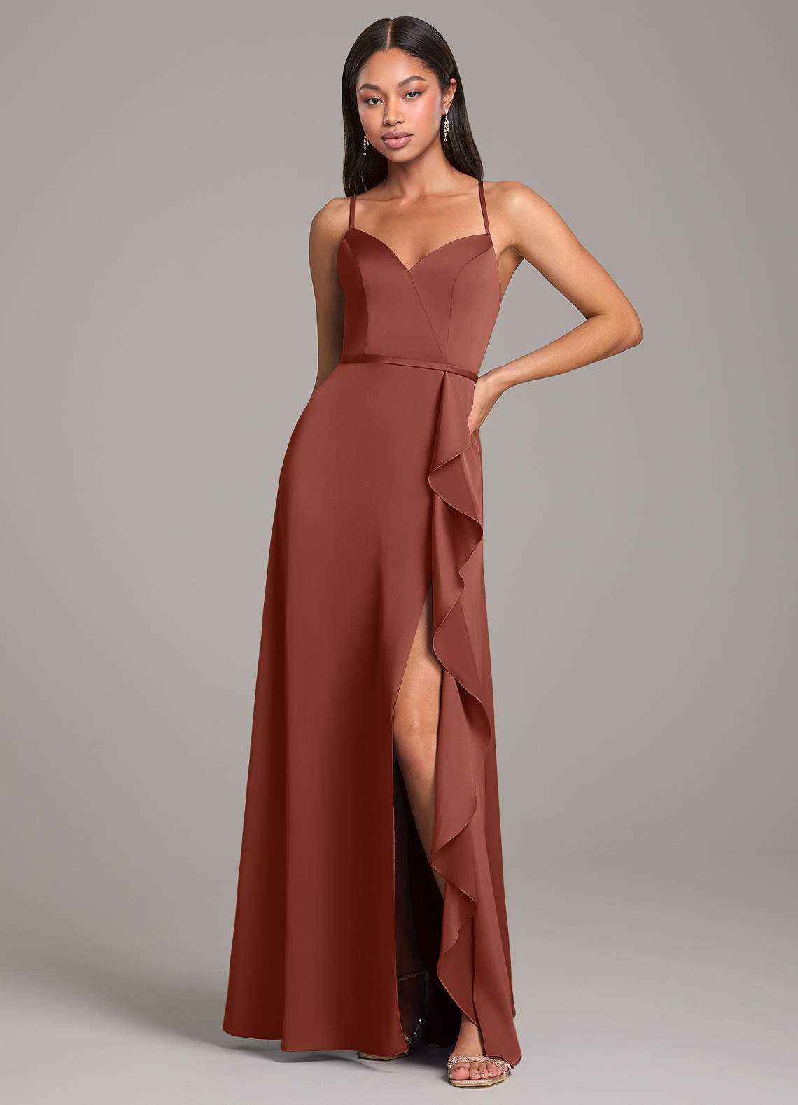 Azazie Naeem Bridesmaid Dresses Auburn A-Line Stretch Satin Dress image1