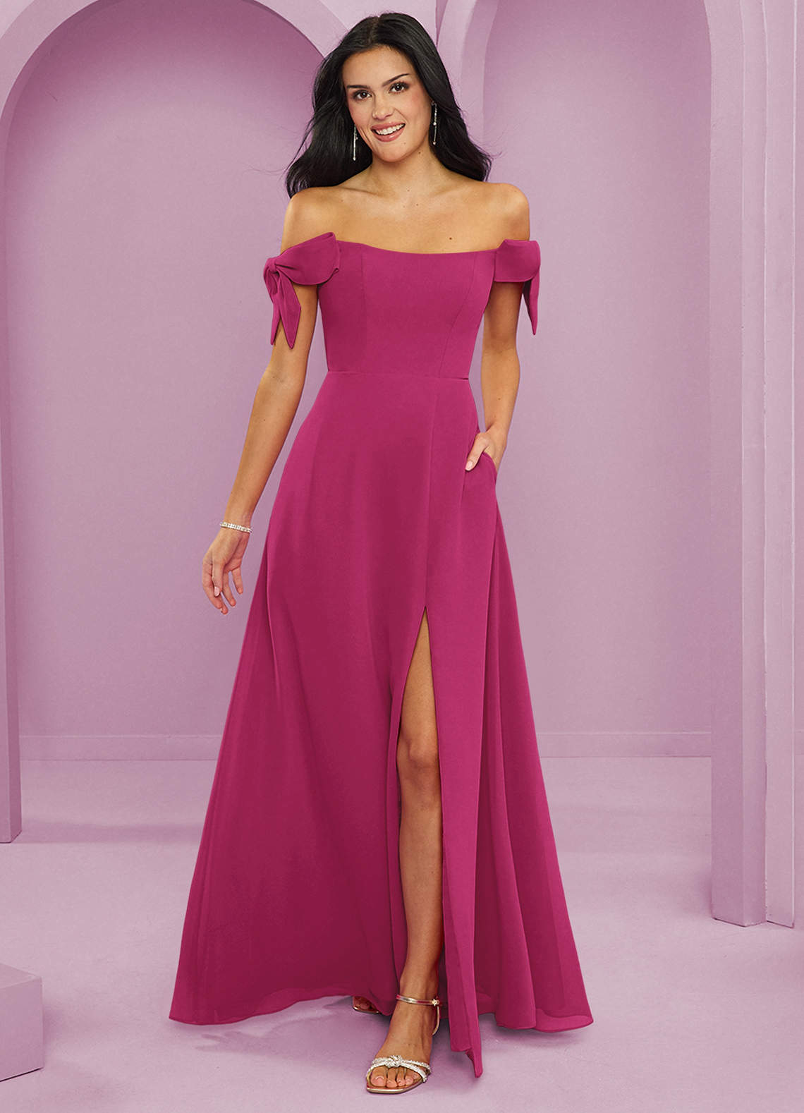 Barbie ♥ Azazie Bridesmaid Dresses Barbie Pink A-Line Off the Shoulder Chiffon Convertible Dress image1