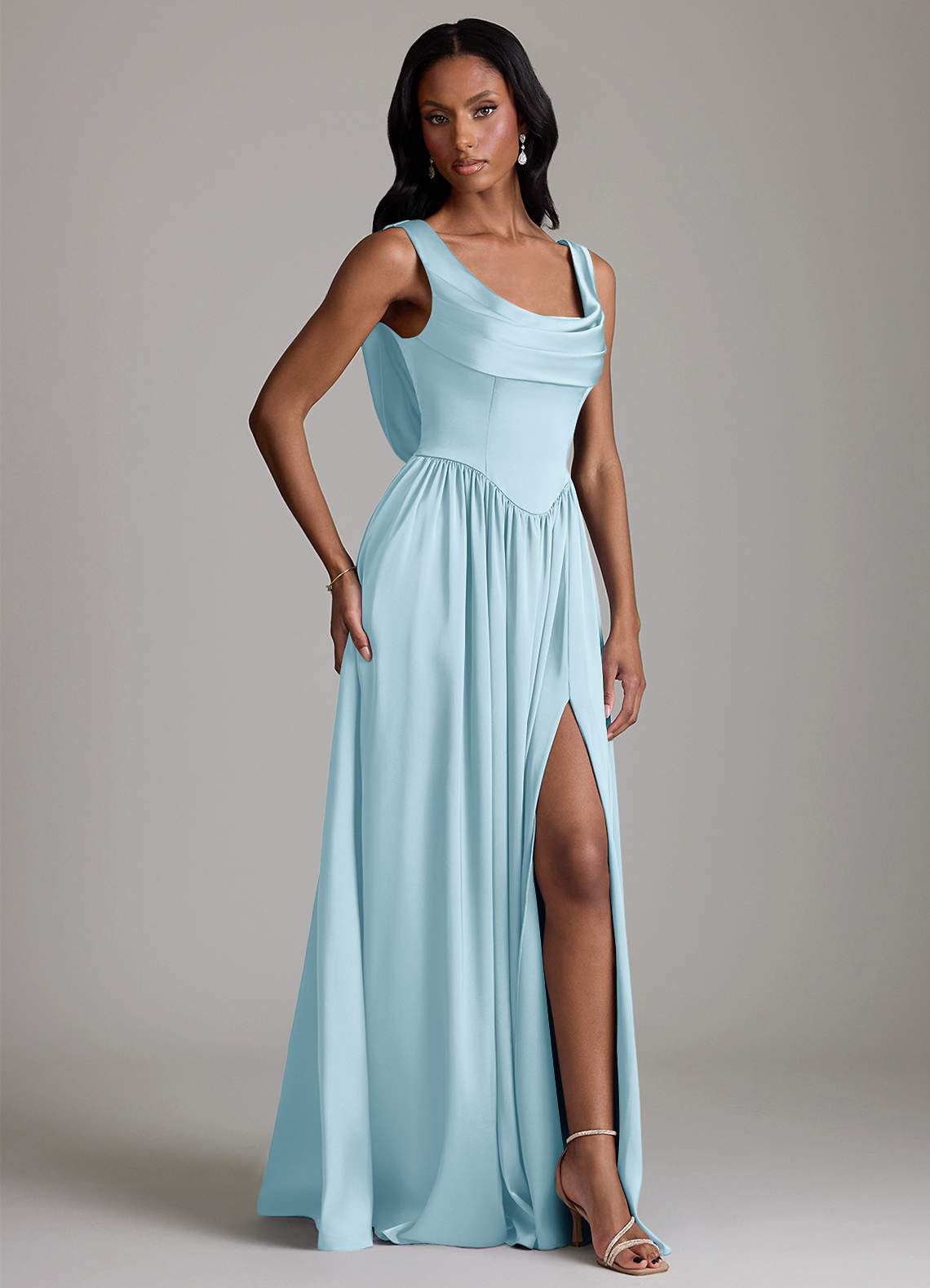 Azazie Novi At-home Try On Dresses Sky Blue A-Line with Pockets Stretch Satin Dress image4