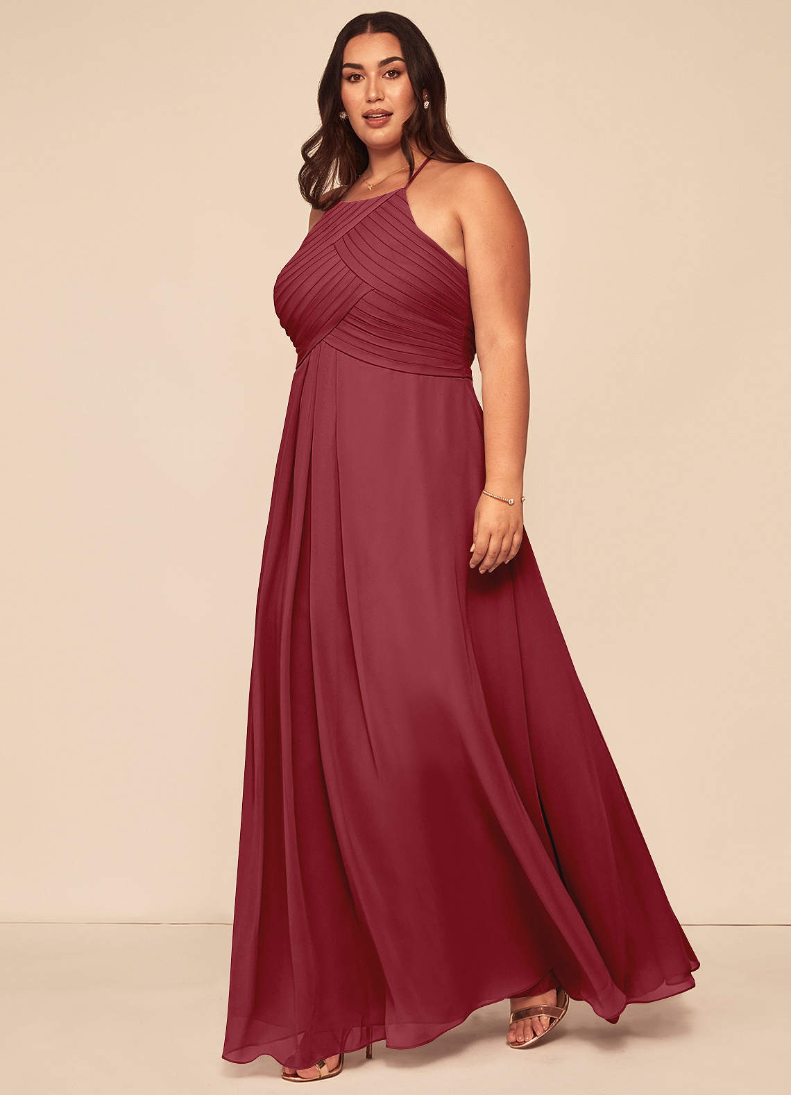 Azazie Ginger Bridesmaid Dresses Pomegranate A-Line Halter Pleated Chiffon Dress image1
