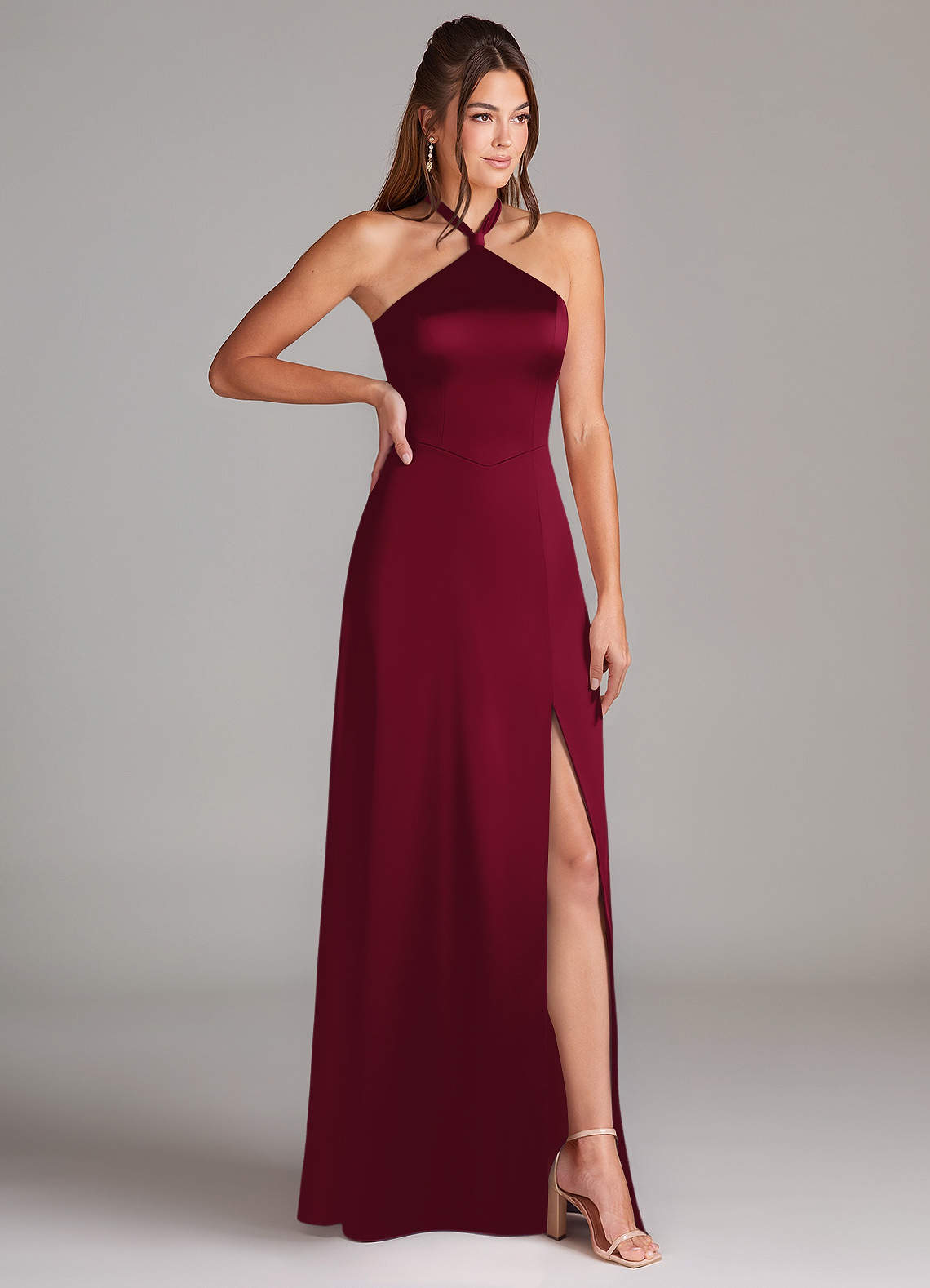 halter bridesmaid dresses david's bridal David's Bridal Bride Burgundy Halter Neck Bridesmaid Dress Azazie Sheath  Halter Neck Floor-Length Stretch Satin Bridesmaid Dresses Burgundy