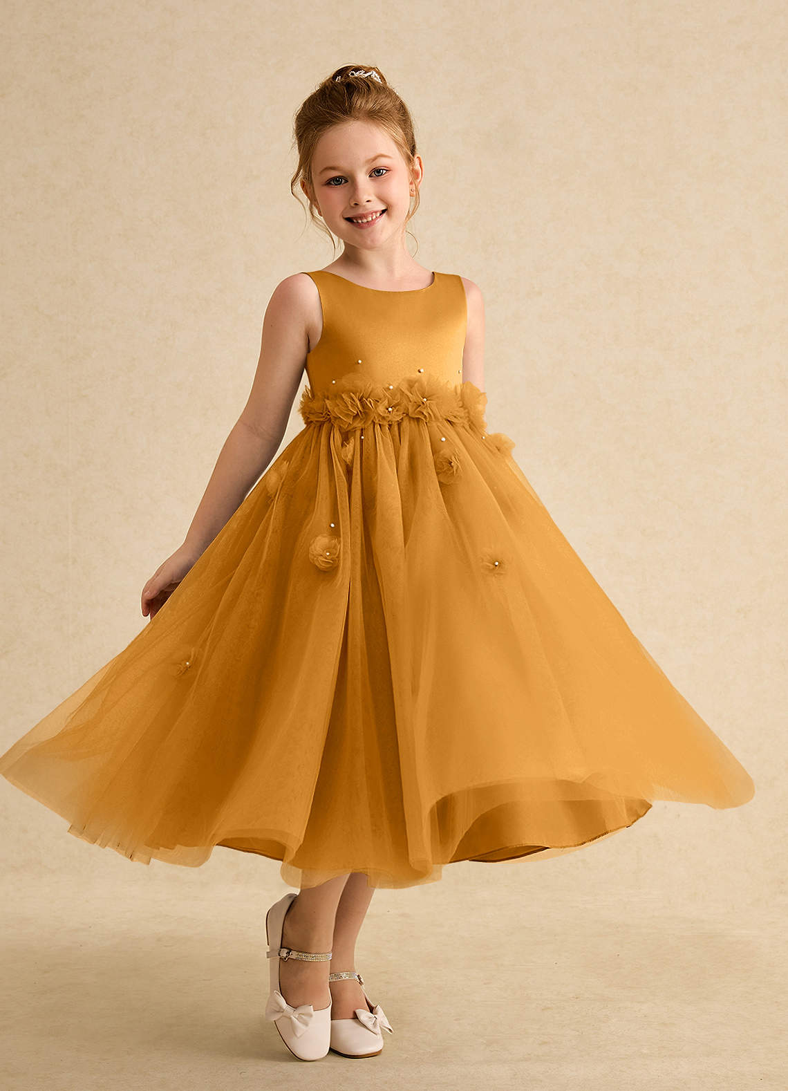 Azazie Lux Flower Girl Dresses Butterscotch A-Line Beaded Tulle Dress image1