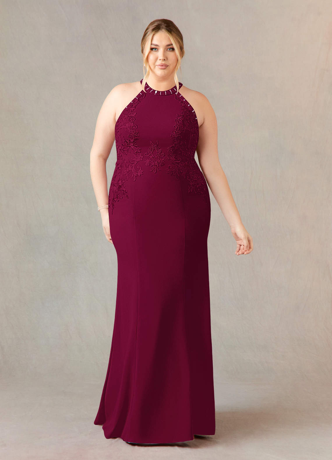 Azazie Tyra Mother of the Bride Dresses Burgundy Mermaid Halter Lace Stretch Crepe Dress image6