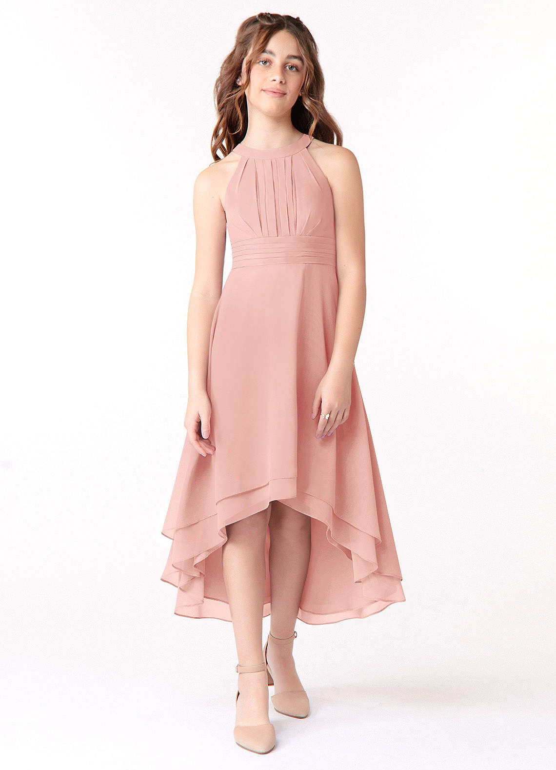 Azazie Linna Junior Rosette A-Line Pleated Chiffon Dress image1