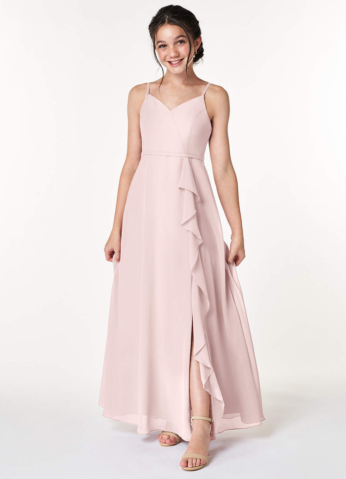Azazie Naeem Junior A-Linie Gestreift Chiffon Kleid Zartrosa image1