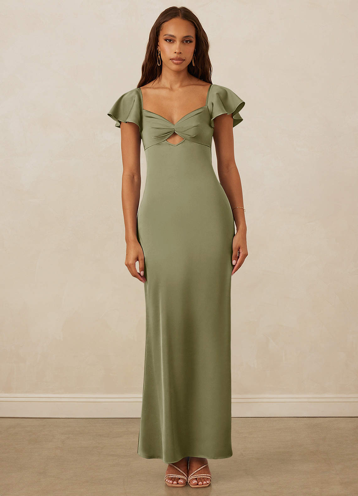 Christian Siriano Bridal for Azazie 1005 Bridesmaid Dresses Flutter Sleeve Stretch Satin Sheath Dress image1