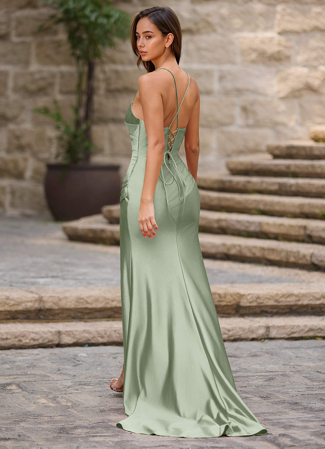 green muslin dress Dark Green Prom Dress Sheath/Column Straps V Back Floor Length Stretch main image 1