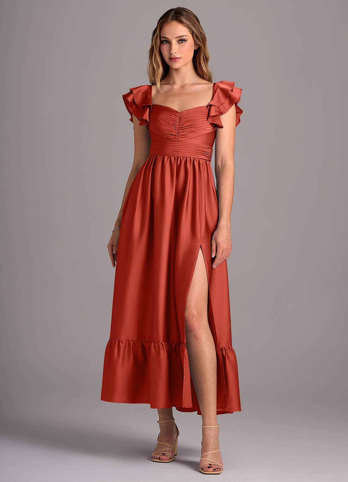 Azazie Anaya Bridesmaid Dresses Rust A-Line Sweetheart Neckline Stretch Satin Convertible Dress image1