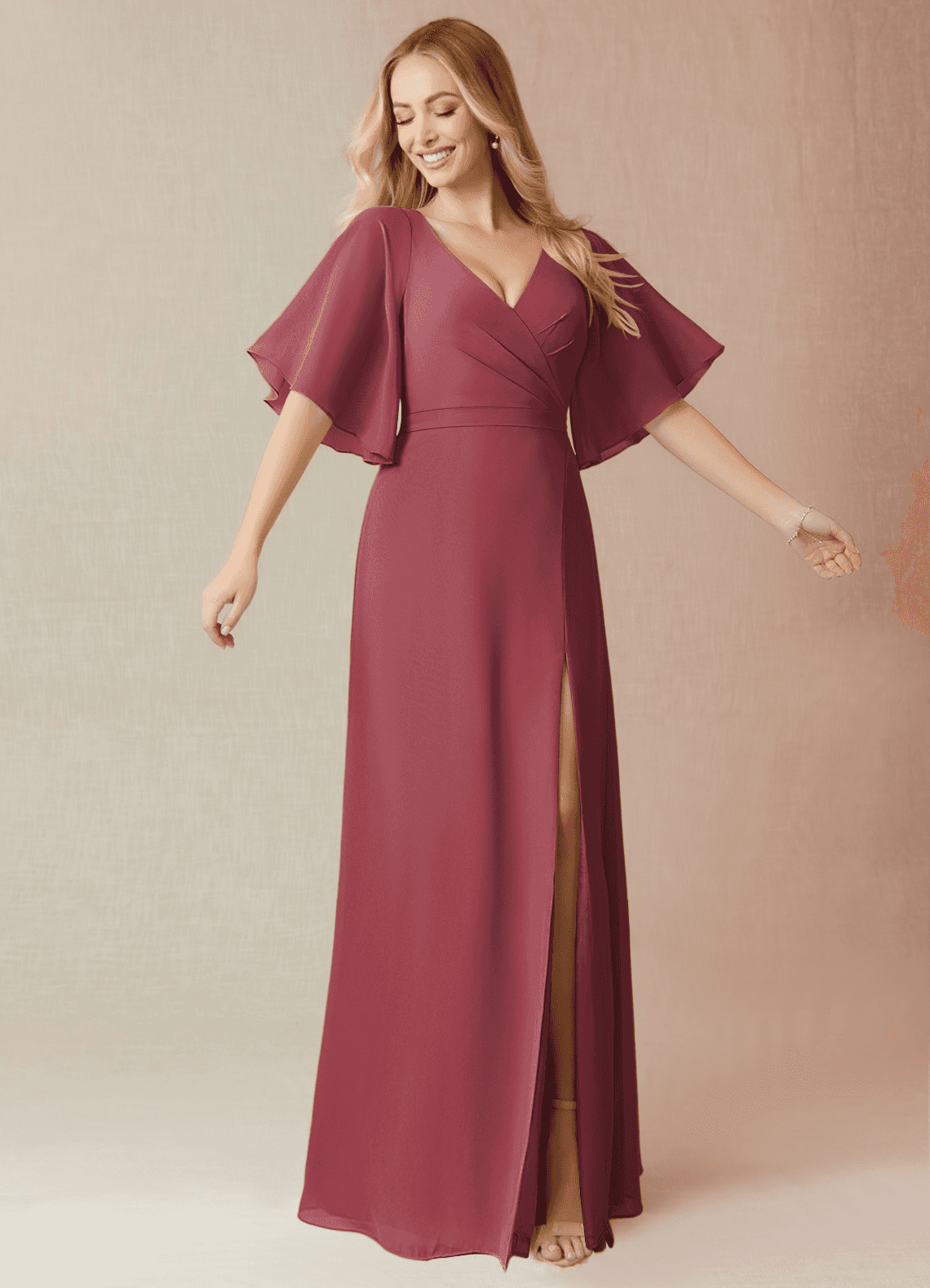 Azazie Cierra Brautjungfernkleider A-Linie V-Hals Chiffon Kleid Merlot image1