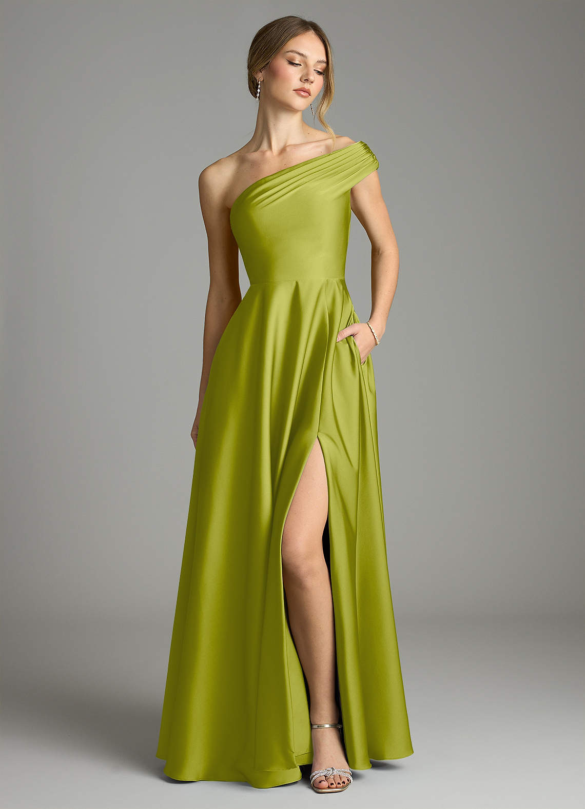 Azazie Melanie Lemongrass Stretch Satin Bridesmaid Dresses | Azazie