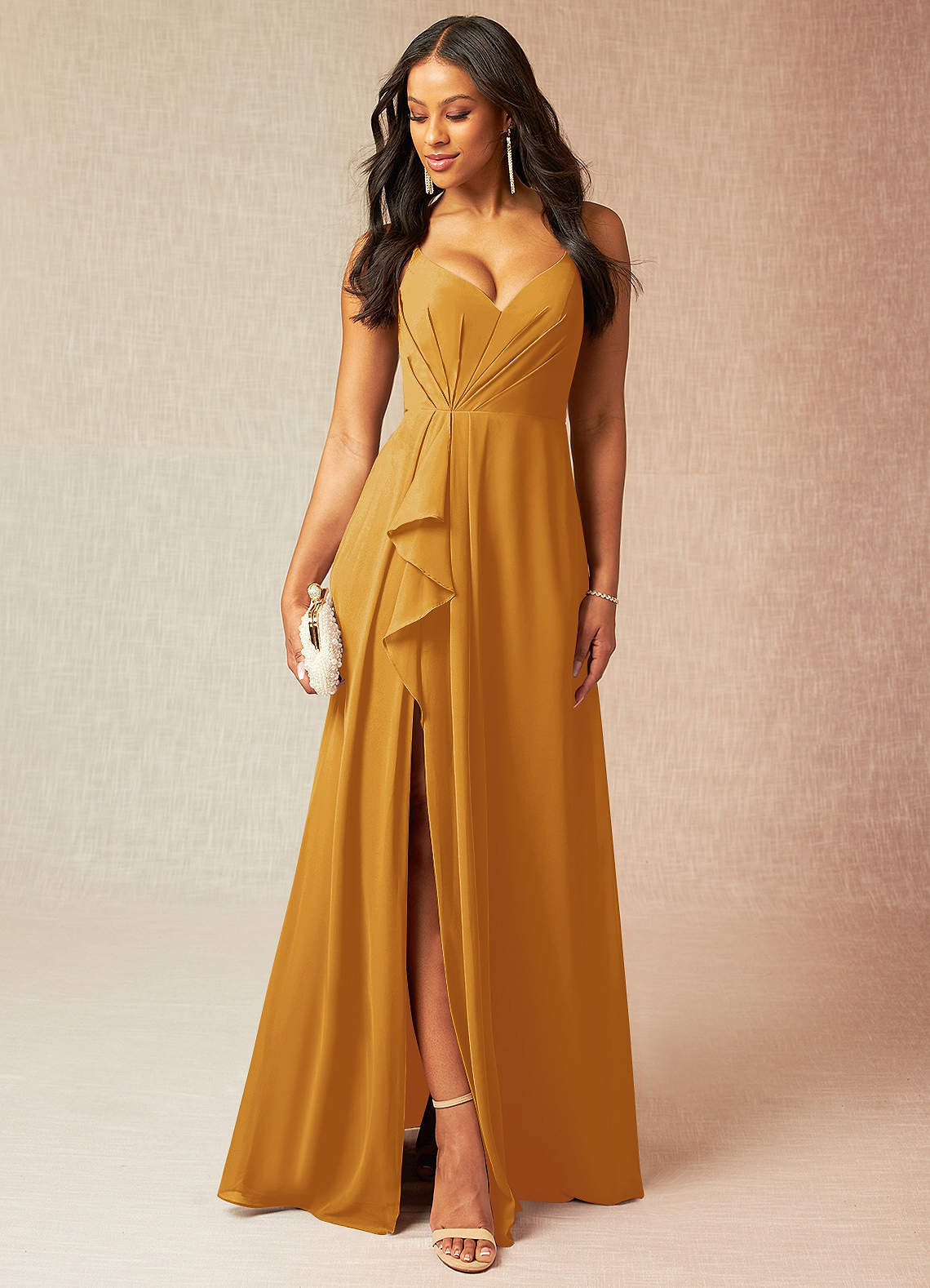 Azazie Kyedae Bridesmaid Dresses Butterscotch A-Line V-Neck Pleated Chiffon Dress image1