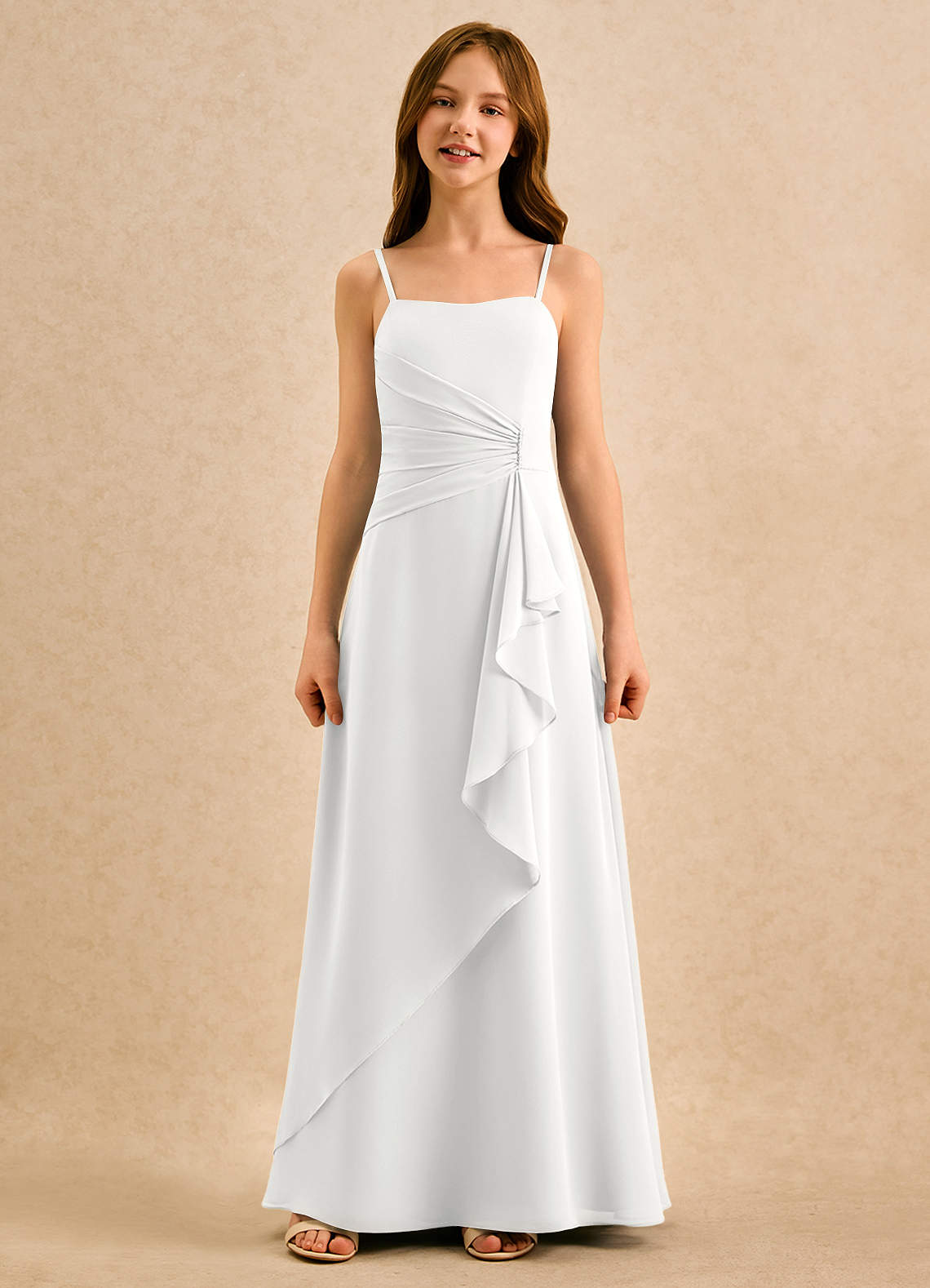 Azazie lolly Girls Formal Robe Demoiselle D'honneur Fillette Robe Trapèze en Mousseline de soie Plissée Blanc image3