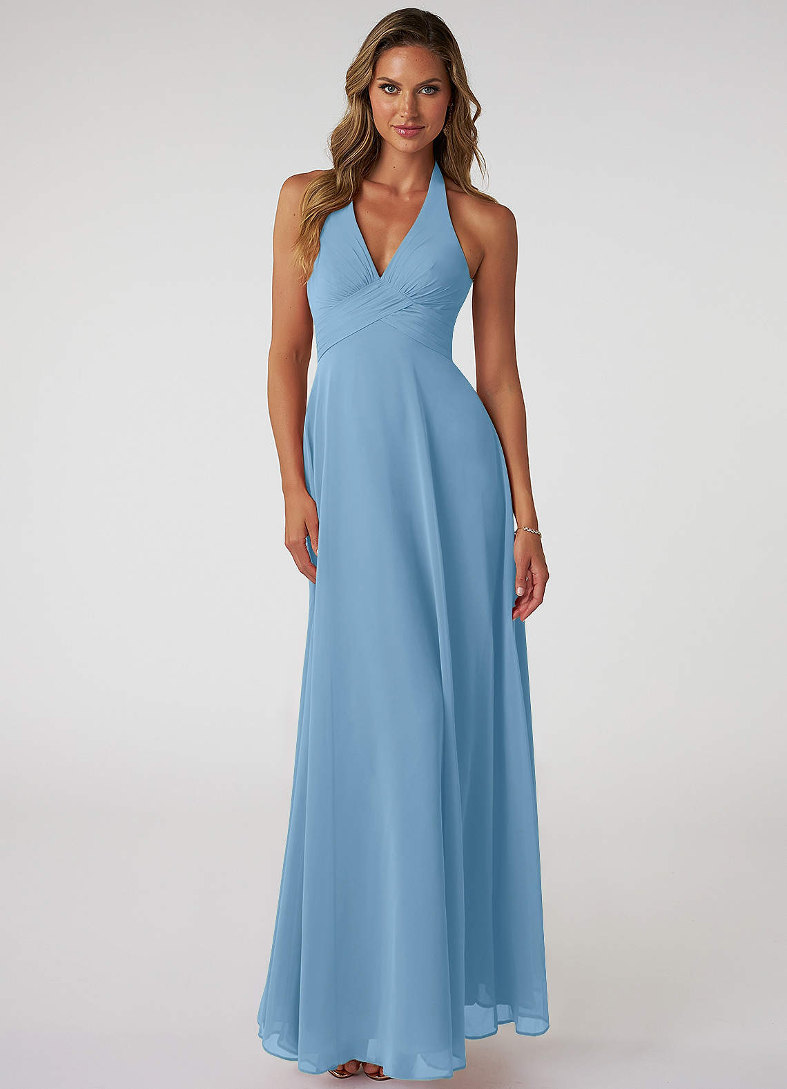 Azazie Tessie Bridesmaid Dresses Steel Blue A-Line V-Neck Pleated Chiffon Dress image1