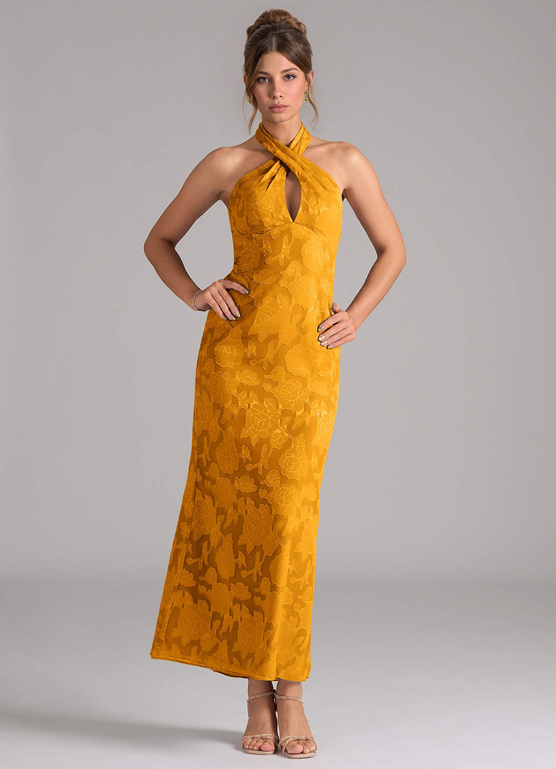 Azazie Marlissa Bridesmaid Dresses Butterscotch Sheath Pleated Floral Burnout Dress image1