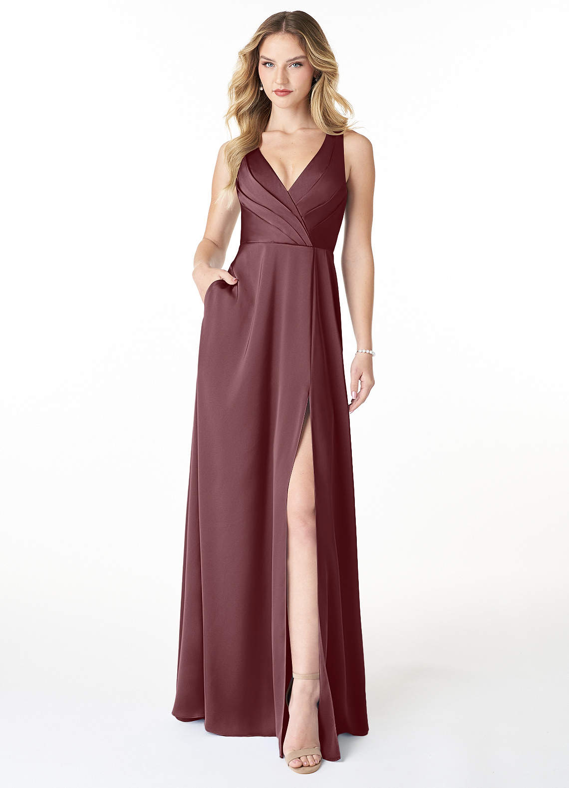 Azazie Nelly Bridesmaid Dresses Sangria A-Line V-Neck Pleated Stretch Satin Dress image1