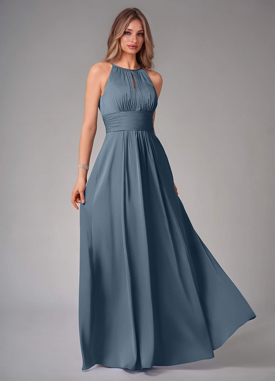 Azazie Bonnie Bridesmaid Dresses Twilight A-Line Pleated Stretch Satin Dress image1