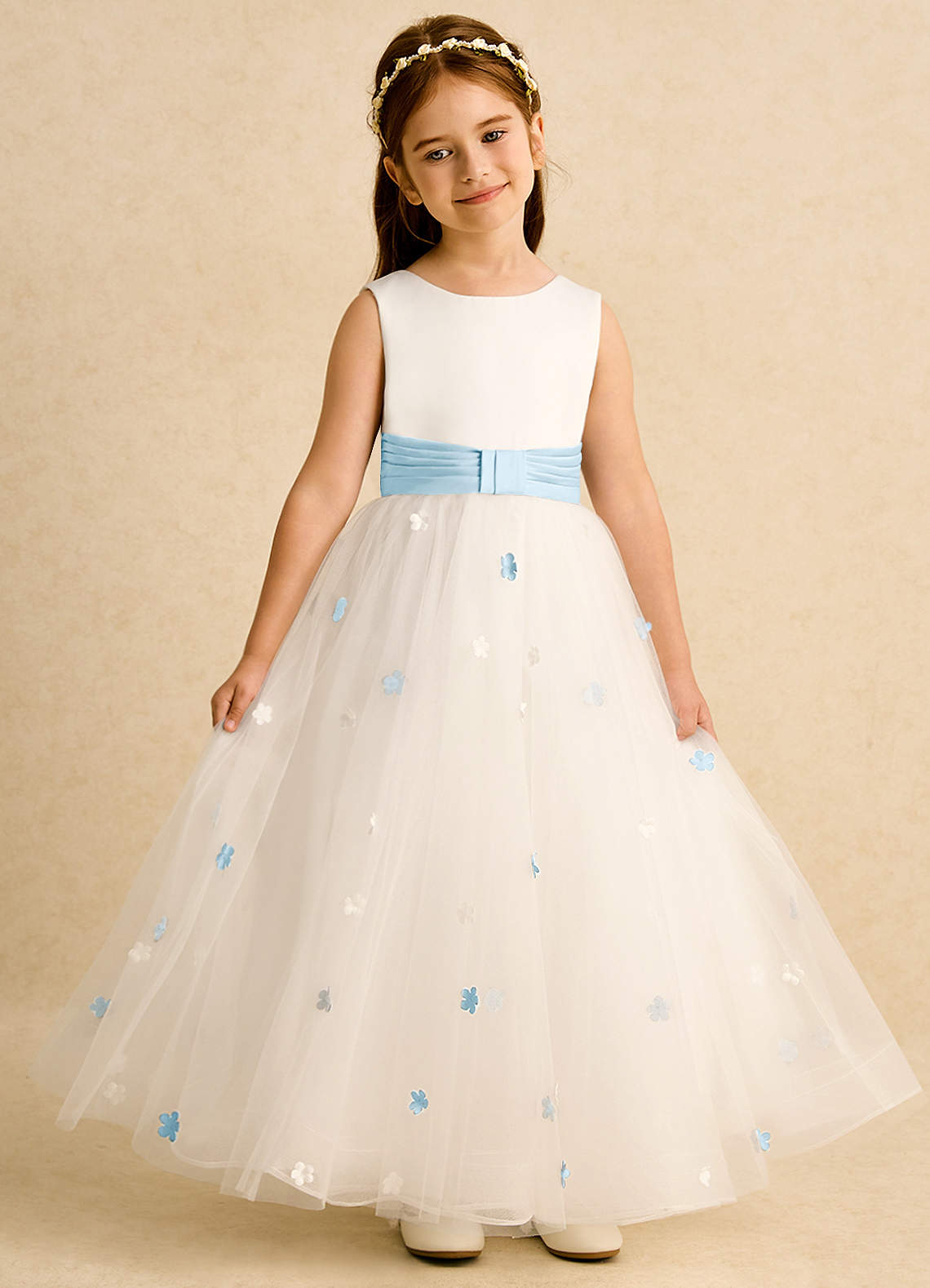 girls in white dresses with blue satin sashes White V-Back Satin Flower Girl Dresses with Colored Sash 219T(3) Oasis / 6