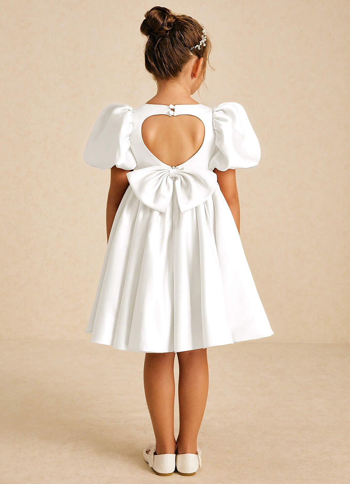 Azazie Muffin Flower Girl Dresses Ivory A-Line with Sleeves Matte Satin Dress image1