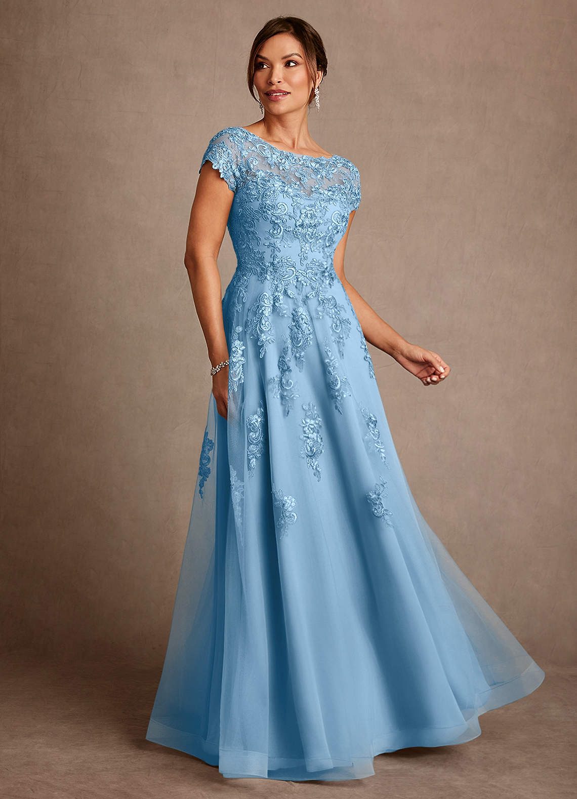 Azazie Jalinda Steel Blue A-Line Lace Chiffon Dress | Azazie
