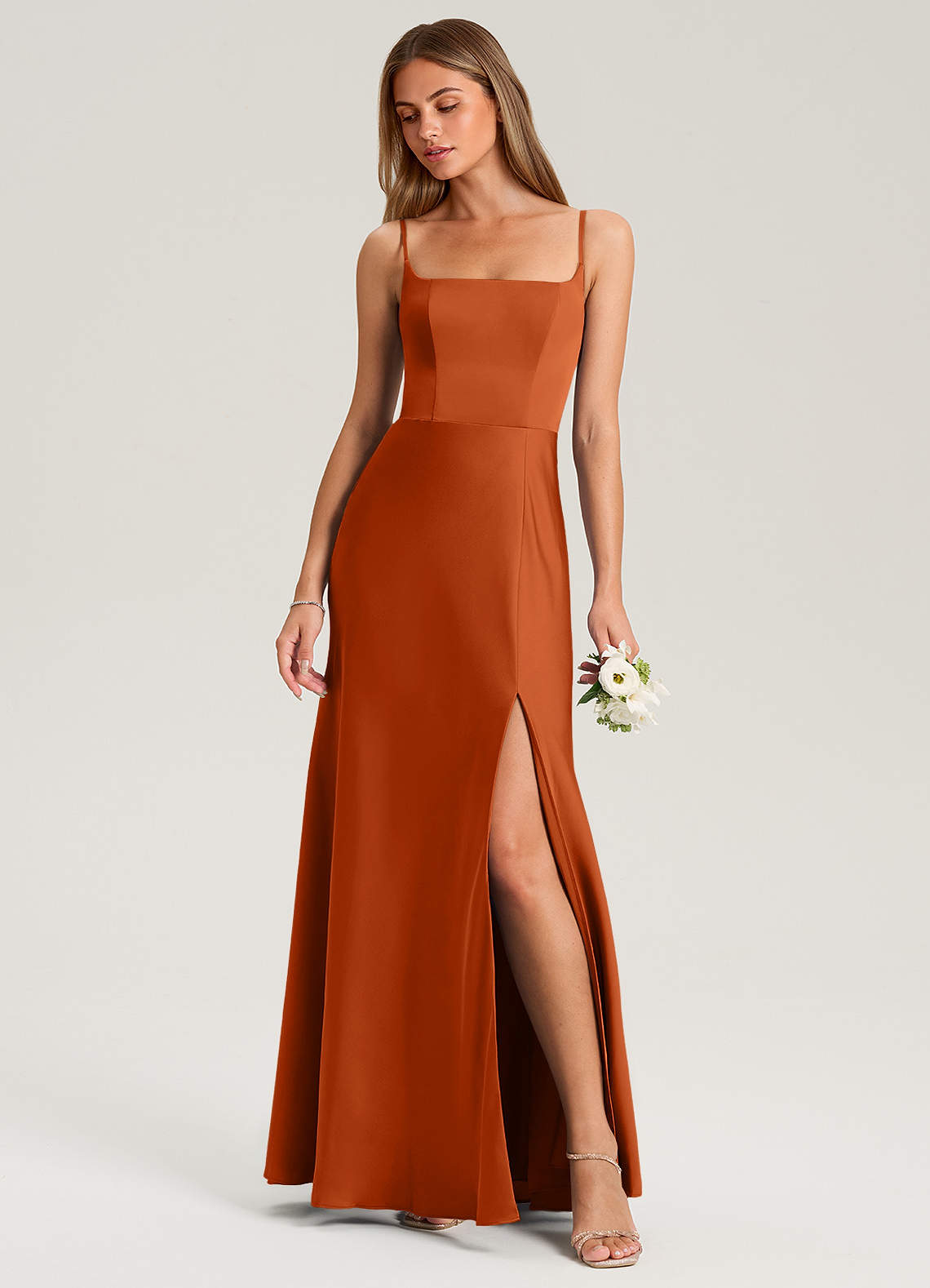 Azazie Lidia Robes de demoiselle d'honneur Robe Sirène en Satin extensible Fente Latérale Orange Brûlée image1
