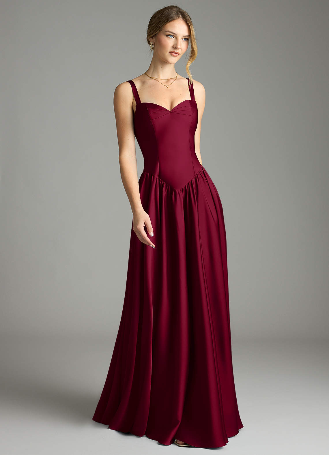 Azazie Evadina Bridesmaid Dresses Burgundy A-Line Corset Stretch Satin Dress image1