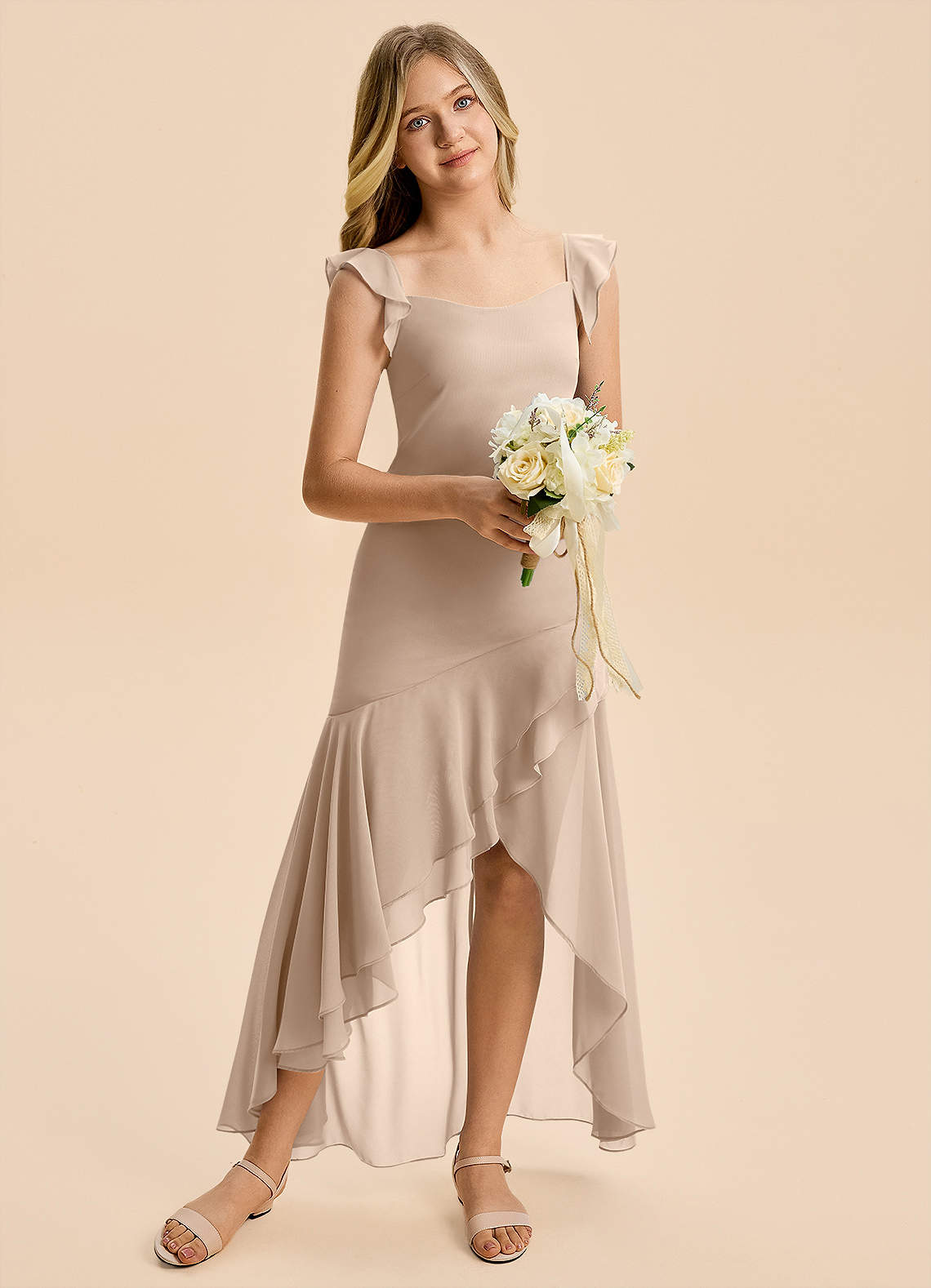 taupe junior bridesmaid dress A-Line Spaghetti Straps Ruffles Chiffon Junior Bridesmaid Dresses