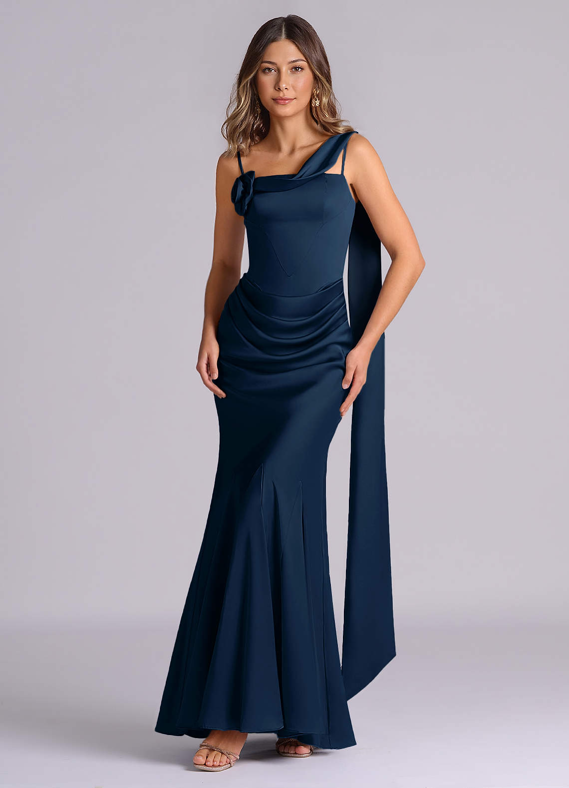 Azazie Mermaid Cowl Floor-Length Stretch Satin Bridesmaid Dresses - Dark Navy