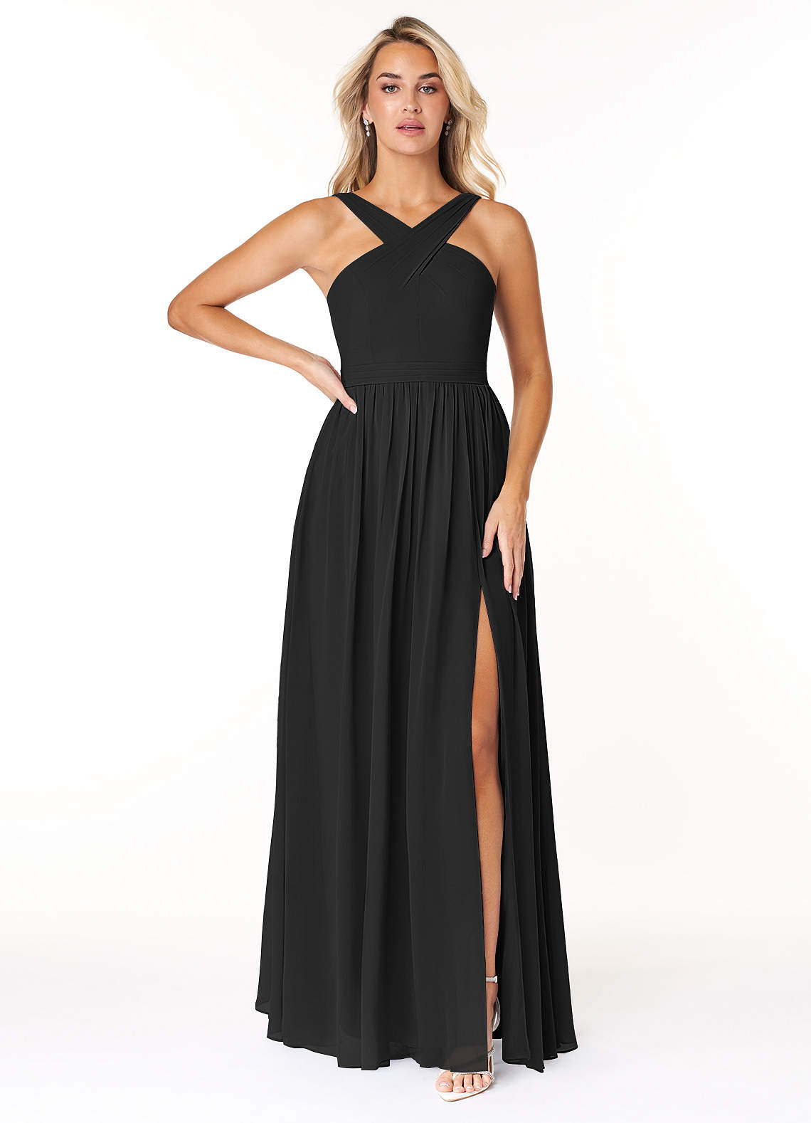 Azazie Elvira Bridesmaid Dresses Black A-Line Pleated Chiffon Dress image1