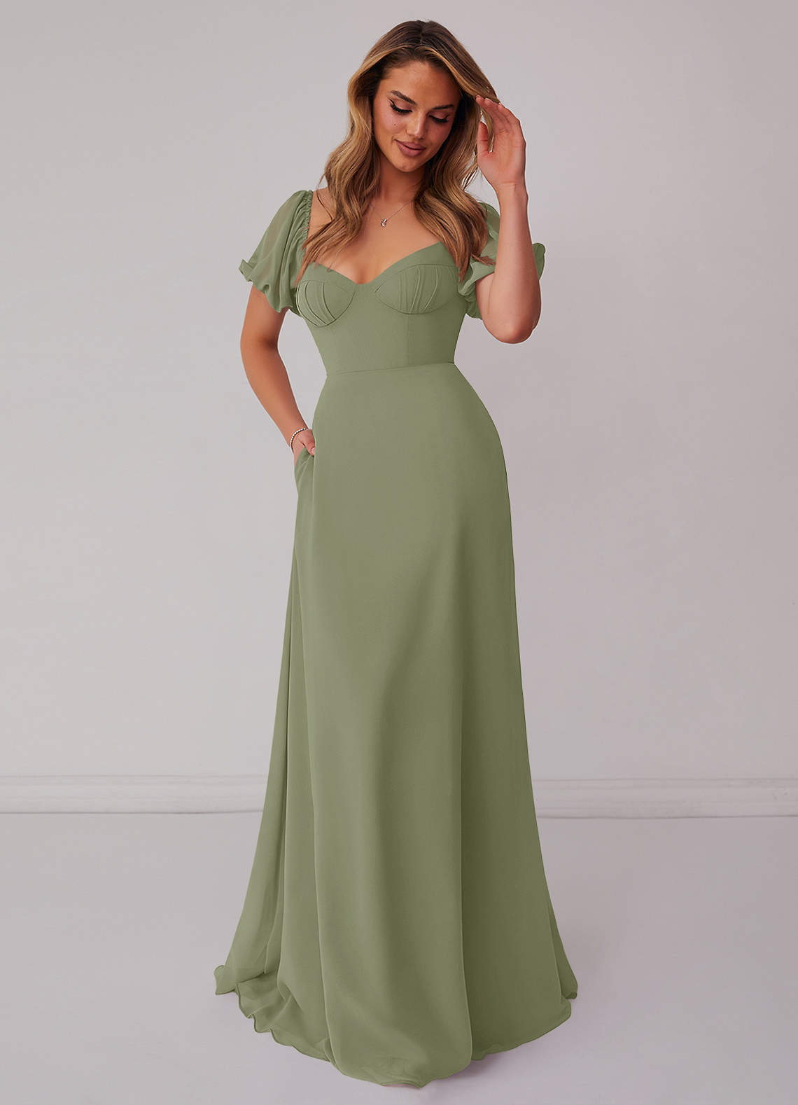 Barbie Dusty Sage Chiffon A-Line with Puff Sleeves