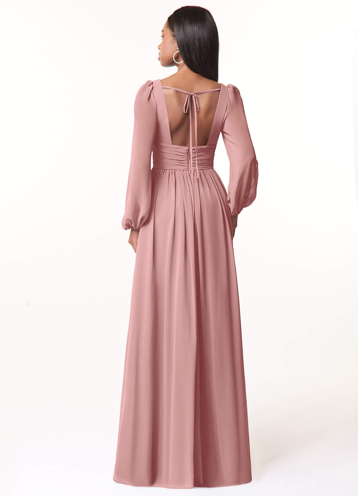 Azazie Norah Abiti da Damigella Abito A-Line in Chiffon con Maniche lunghe e Scollo a V Rosa Polverosa image1