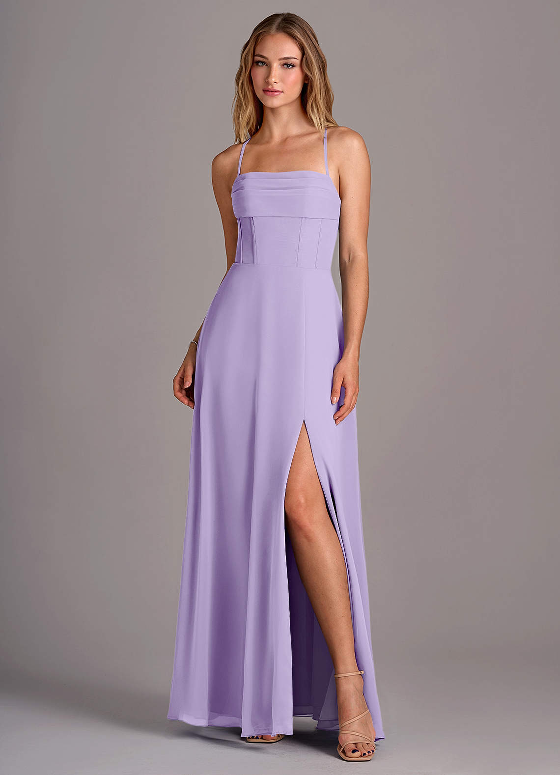 Azazie Carolyn Robes de demoiselle d'honneur Robe Trapèze en Mousseline de soie Plissée Lilas image1
