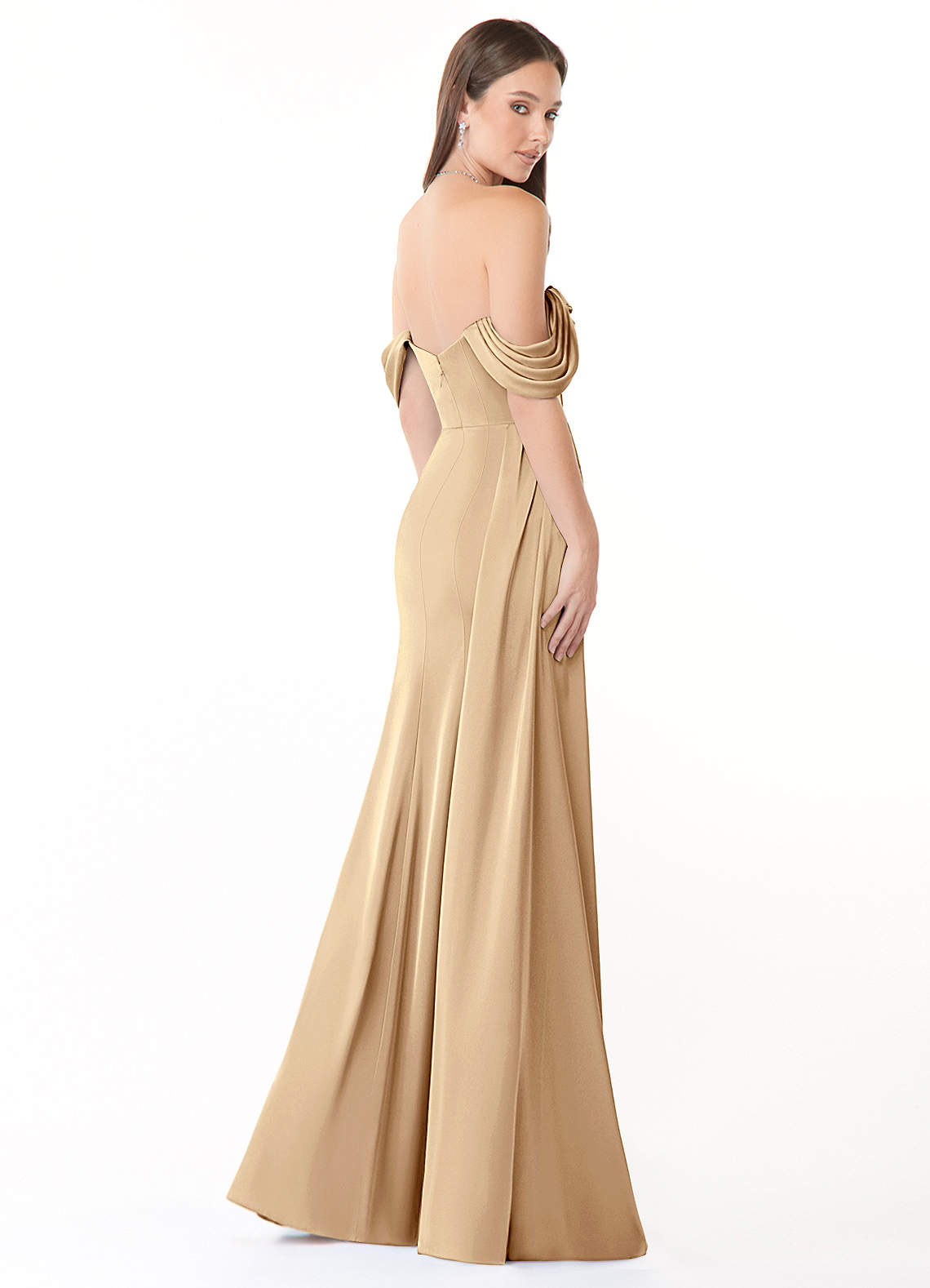 Azazie Amyra Bridesmaid Dresses Champagne Sheath Convertible Stretch Satin Dress image4