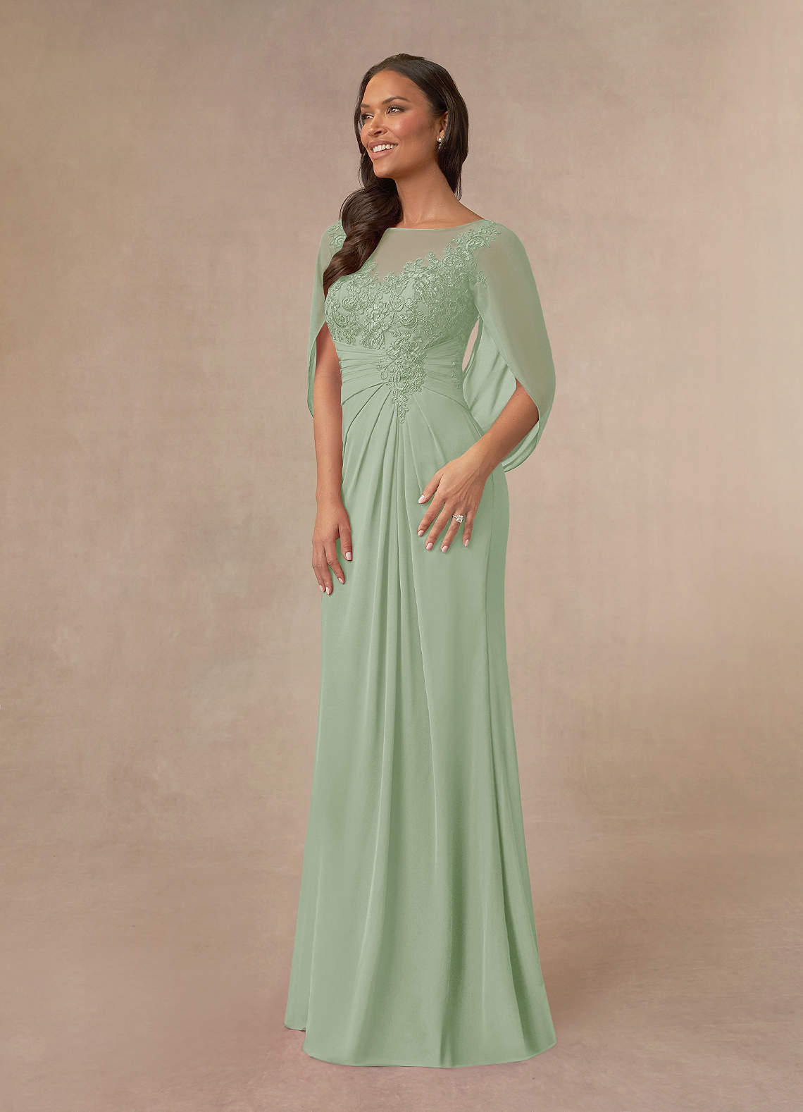 Azazie Hera Mother of the Bride Dresses Dusty Sage A-Line Lace Capelet Chiffon Dress image1