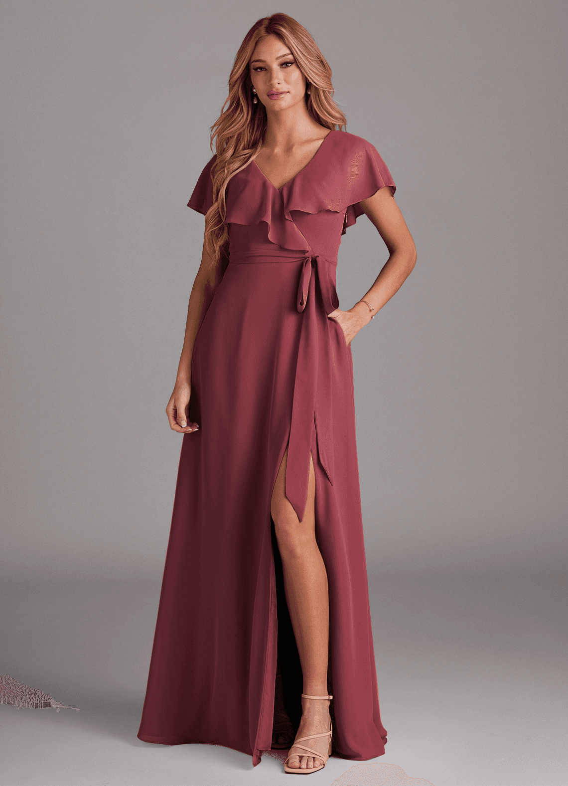 Azazie Lainey Bridesmaid Dresses Merlot A-Line with Pockets Chiffon Dress image1