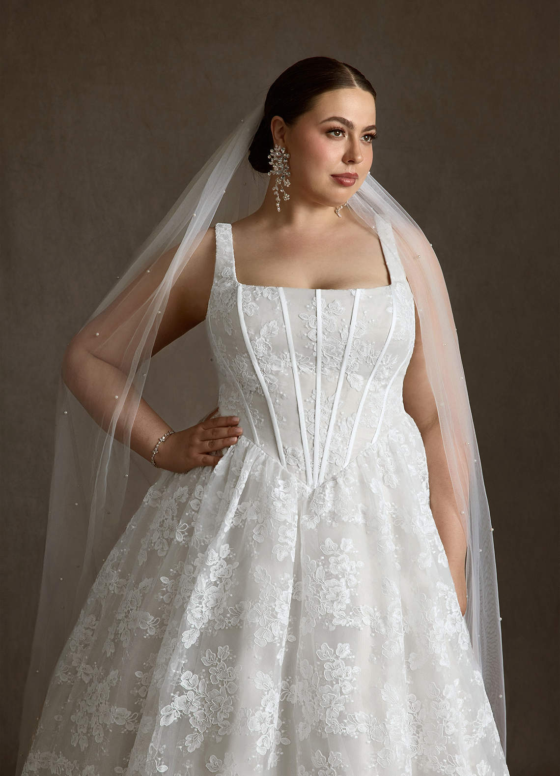 Azazie Geneva At-home Try On Dresses Diamond White Ball-Gown Square Neckline Lace Dress image11